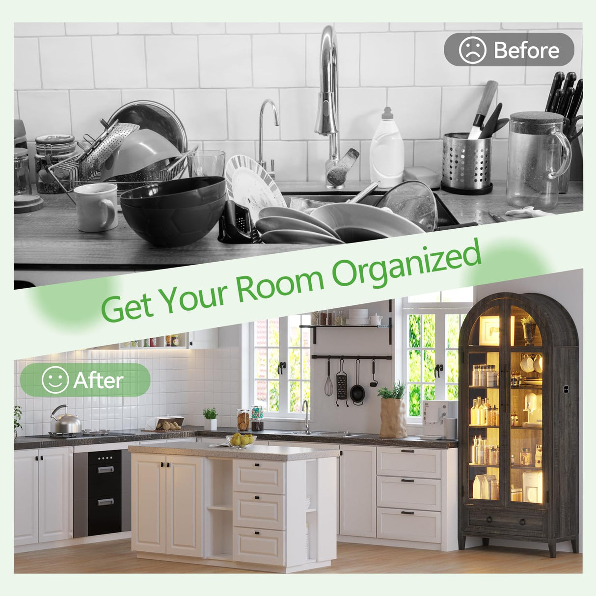 HNEBC Book Shelf with LED Lights, Arched Display Case with Storage Cabinet, Smart File Cabinet with Glass Door, Curio Cabinet with Solid Wood Legs for Home Office/Bedroom Furnniture-Brown HNEBC