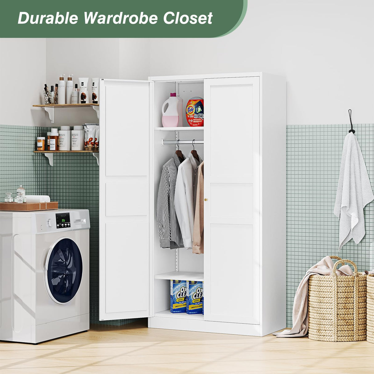 LISSIMO Metal Armoire Wardrobe Closet Cabinet,White Armoire Wardrobe Closets Storage Cabinets with Doors and Adjustable Shelves for Laundry Room,Bedroom,Bathroom LISSIMO