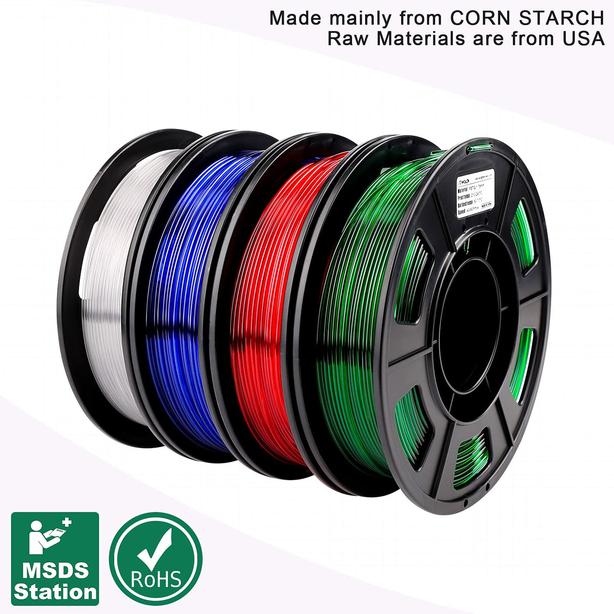 AMOLEN 3D Printer Filament Bundle, PETG Filament 1.75mm,Transcucent Clear/White,Red,Green,Blue Filament,PETG Transparent Filament with Light Transmission Feature,250g x 4 Spools Set AMOLEN