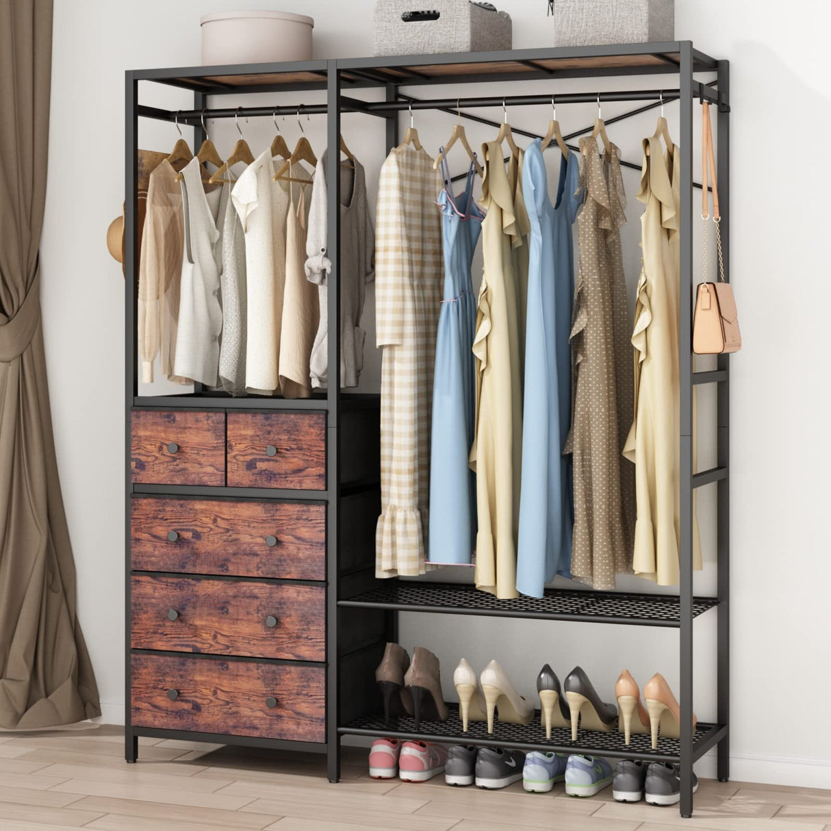 Auromie Clothes Rack with 5 Drawers & 4 Storage Shelves, 59.1W*70.9H Heavy Duty Clothing Rack with 2 Hanging Rods, Wardrobe Closet Organizer System with 5 Hooks, Freestanding Garment Rack (Rustic) Auromie