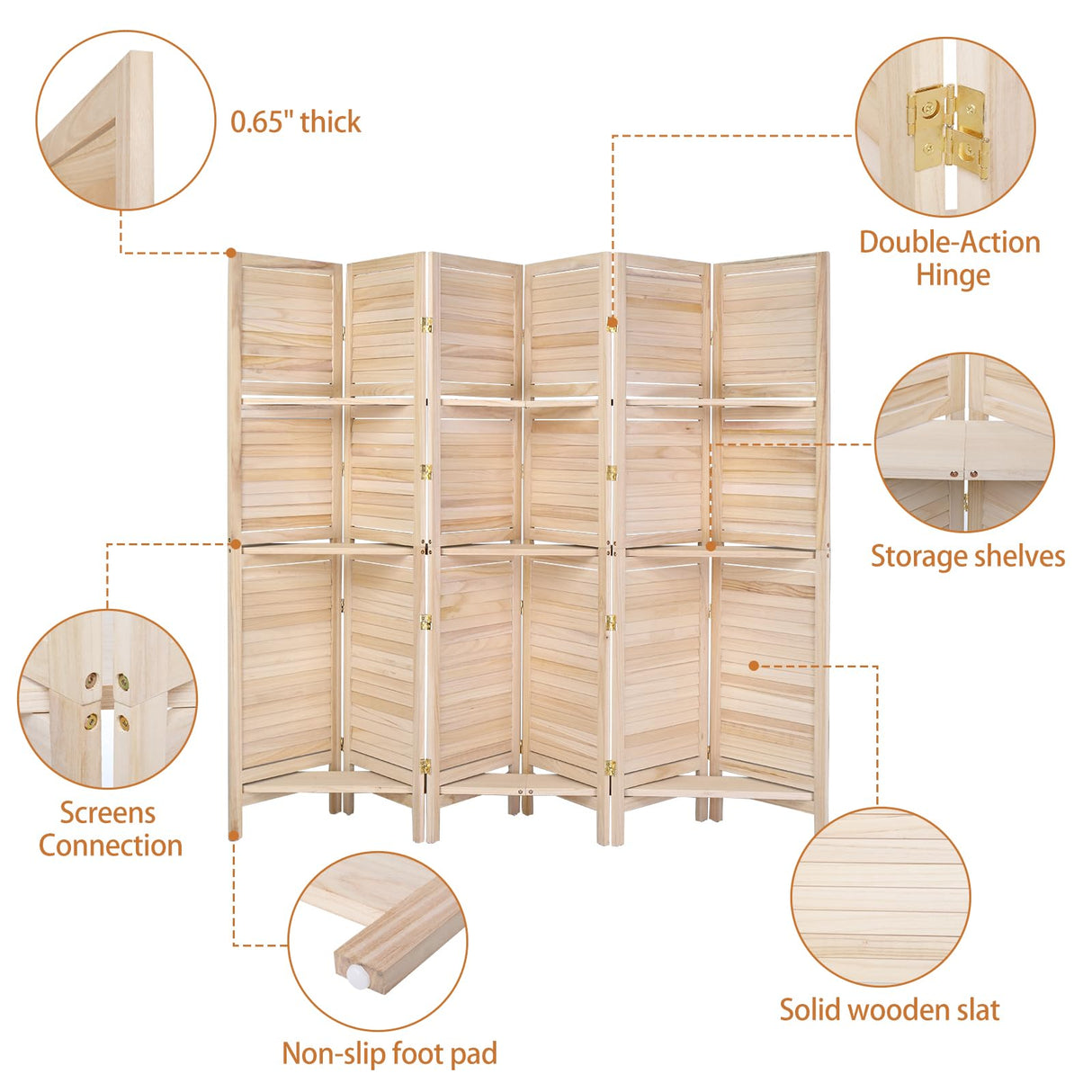 Bonnlo 6 Panels Wood Room Divider with Shelves, 6 FT Height Folding Privacy Screens, Indoor Freestanding Room Partition Wall Divider, Hinged Space Separator (Natural, 6 Panel) Bonnlo