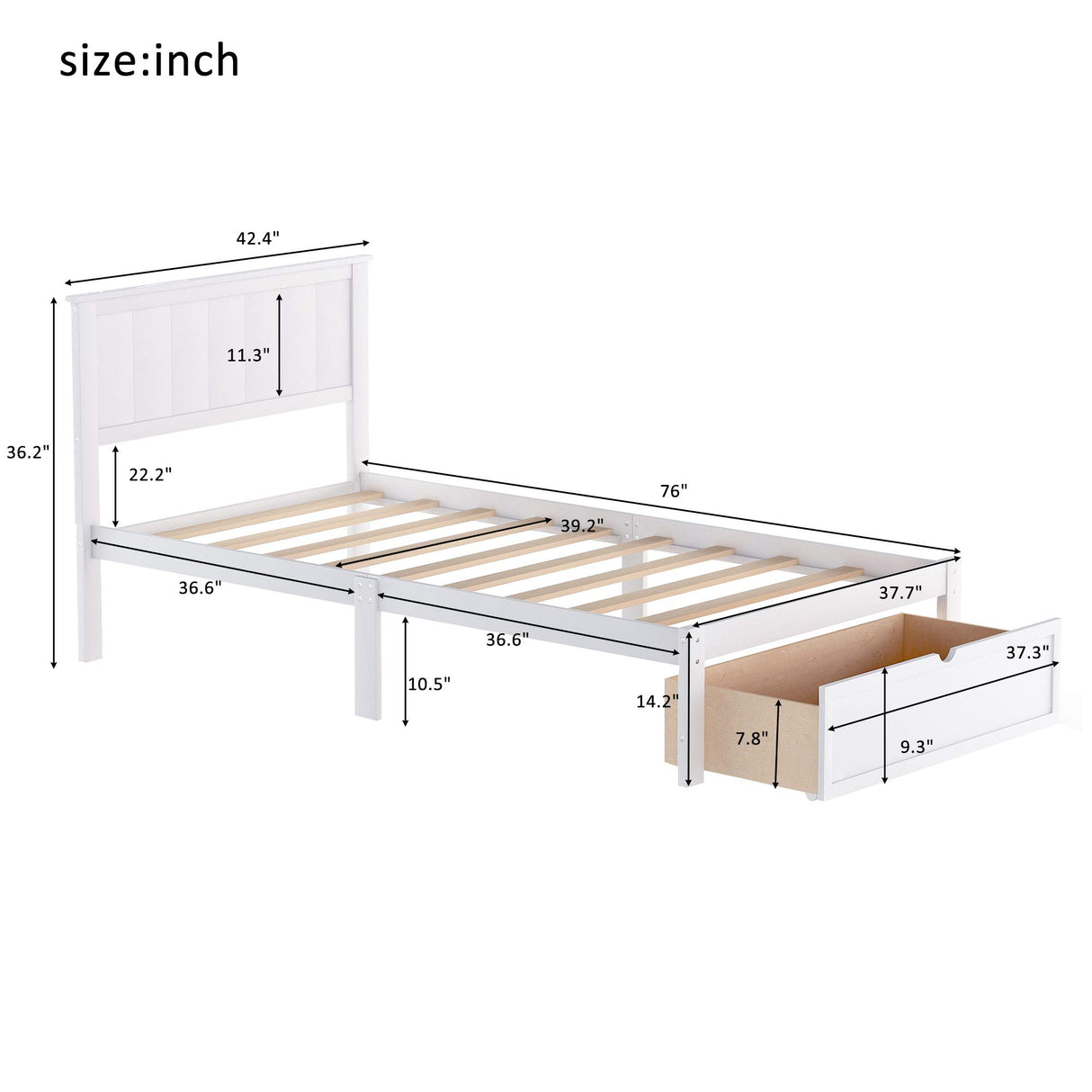 P PURLOVE Twin Size Bed Frame with Storage Drawer,Wood Platform Bed Frame with Headboard and Slat for Kids,White P PURLOVE