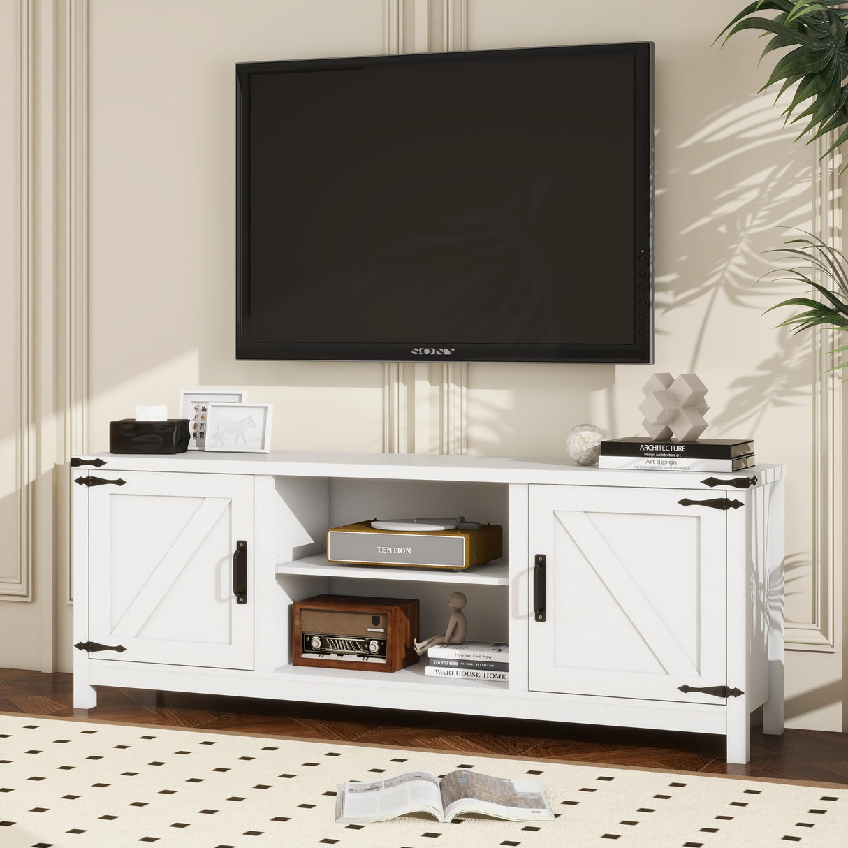 Panana Modern Farmhouse TV Stand for 65 inch TV, Entertainment Center with Storage and Open Shelves, Wood TV Stands TV Table Stand for Living Room, Bedroom (White, for 32"-65" TV) Panana