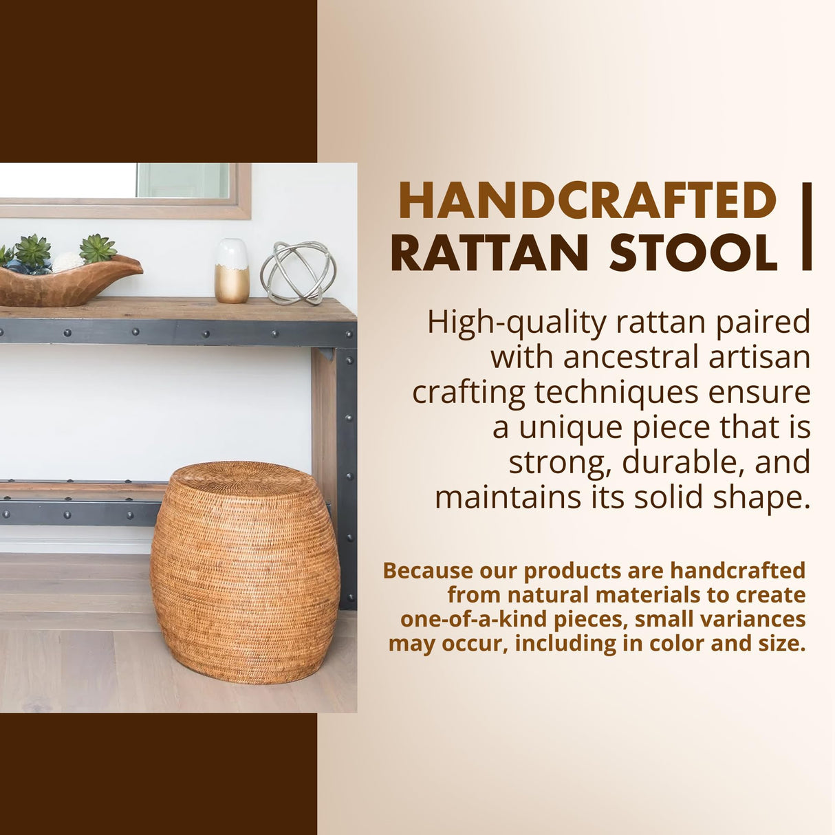 KOUBOO La Jolla Round Rattan Stool, Side Table, Handmade, Extra Seating, Patio, Living Room, Boho Decor, End Table, Honey Brown, 18" by 18" Kouboo