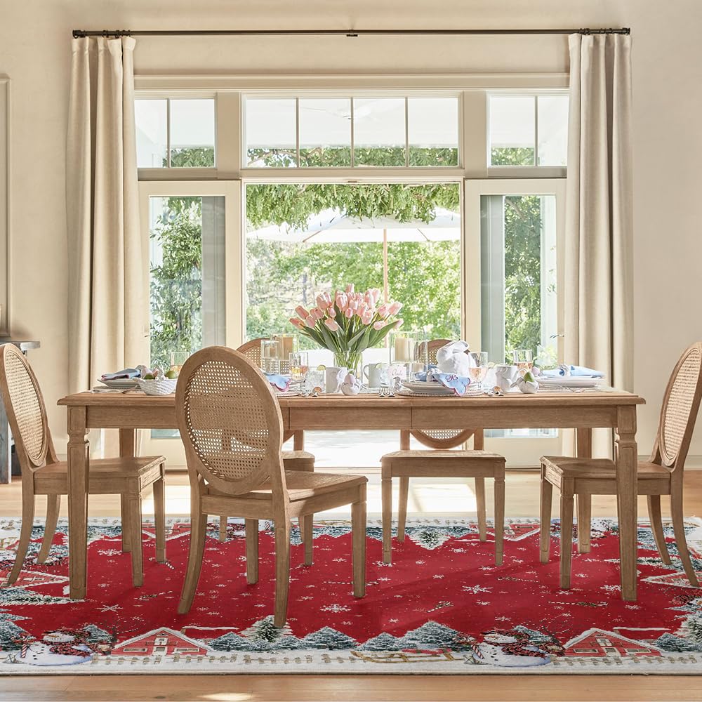 Artoid Mode Red Snowman House Pine Tree Christmas Area Rug, Xmas Winter Home Decor Low-Profile Washable Area Rugs for Entryway Bedroom Living Room Laundry Room Indoor 5x7 Feet Artoid Mode