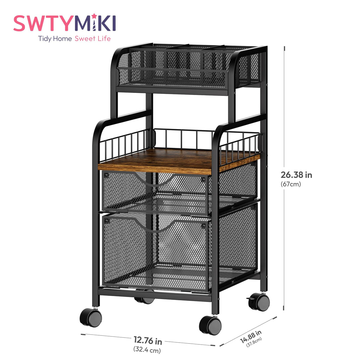 SWTYMIKI Rolling Cart with Drawers - Metal Utility Cart with Wood Shelf, DIY Divider and Locking Wheels, Craft & Art Cart Organizer for Under Desk Storage for Home Office Studio, Black SWTYMIKI