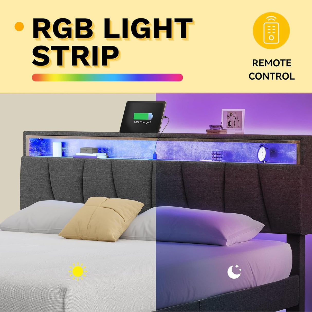 DWVO King Size Bed Frame with Storage Headboard, Upholstered Bed Frame with LED Lights, Platform Bed with Charging Station, No Box Spring Needed, Easy Assembly, Grey DWVO