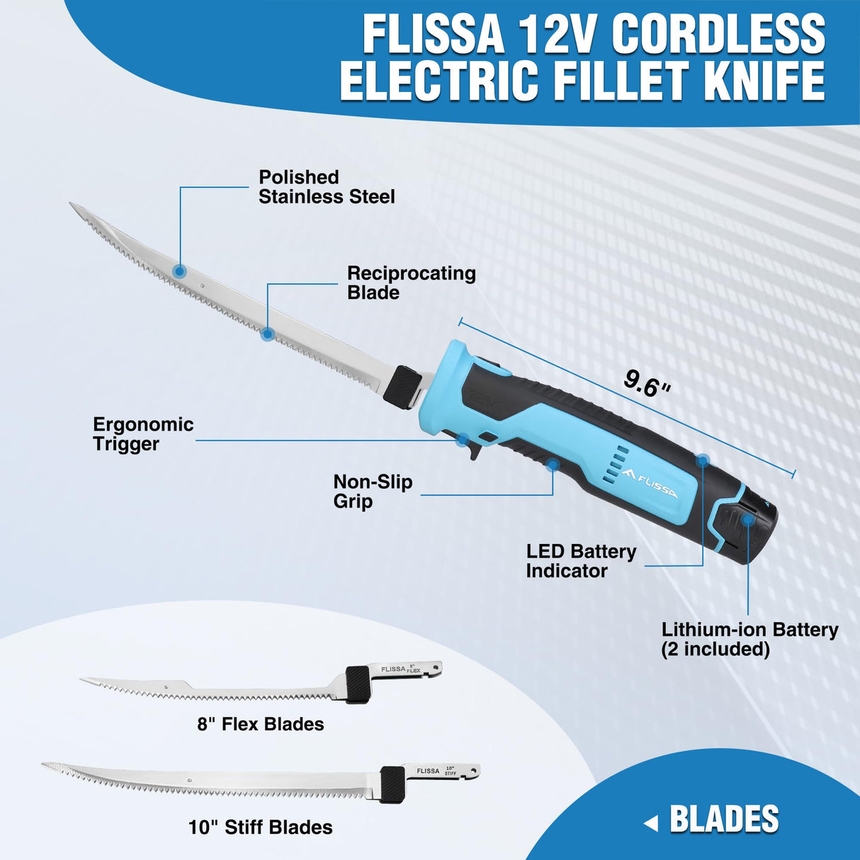FLISSA Cordless Electric Fillet Knife for Fish with 8" and 10" Stainless Steel Blades, Rechargeable Electric Knife with Non-Slip Handle, 2 Packs Long Lasting Lithium-ion Battery, Portable Carry Case FLISSA