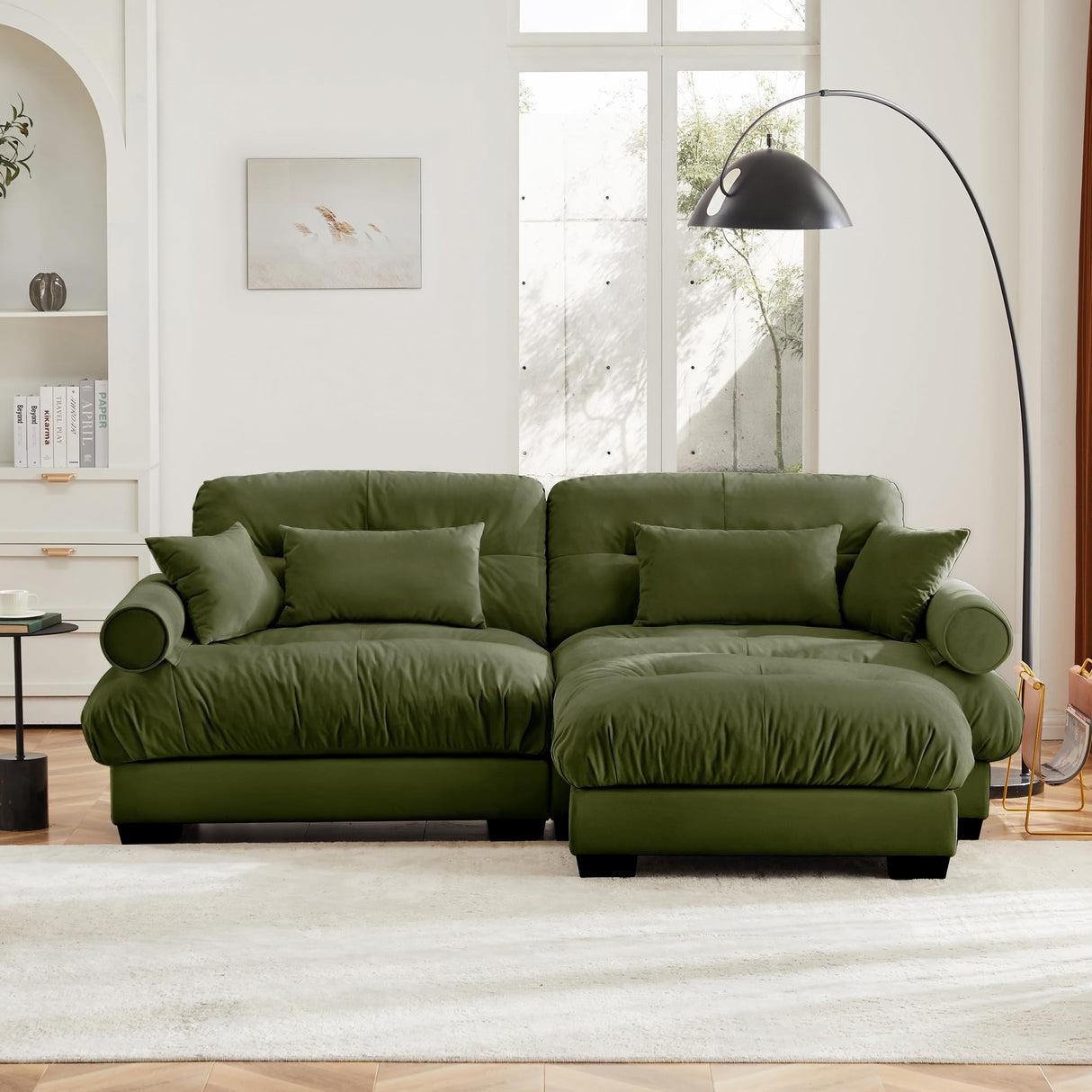 94" Modular Sectional Sofa,Velvet Upholstered Couches for Living Room,3 Seater Green Sofa Couch with Movable Ottoman,Big Comfy Loveseat Sofa with Deep Seats for Living Room,Apartment,Bedroom Wunlerlant