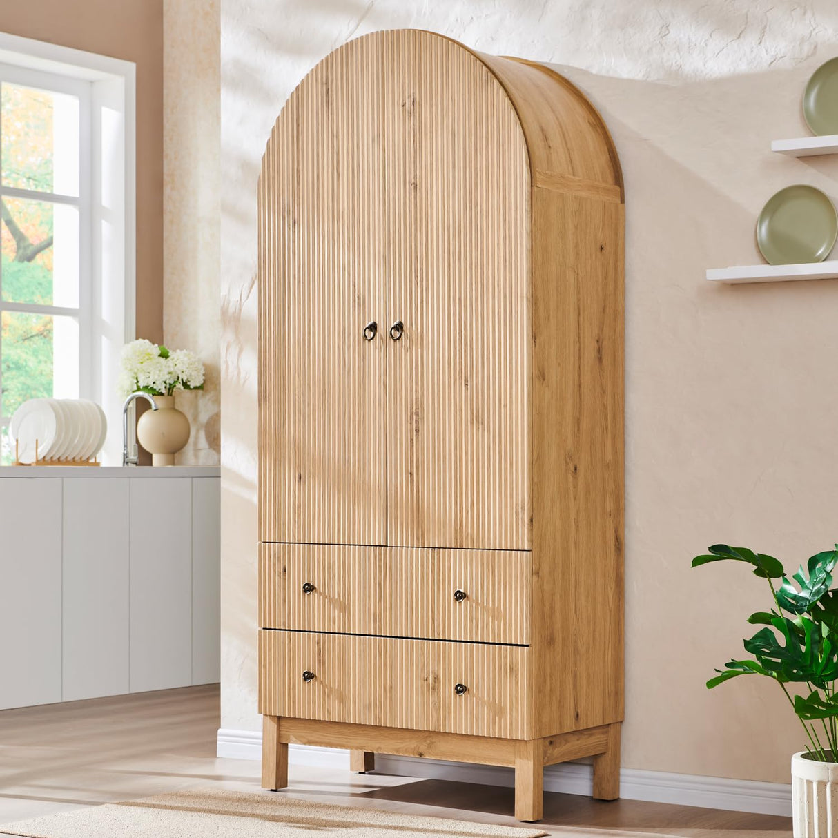 IFGET 71" Tall Arched Pantry Cabinet, Fluted Kitchen Storage Cabinet with Adjustable Shelves and 2 Large Drawers, Freestanding Morden Versatile Cupboard for Living Room, Bathroom, Natrual IFGET