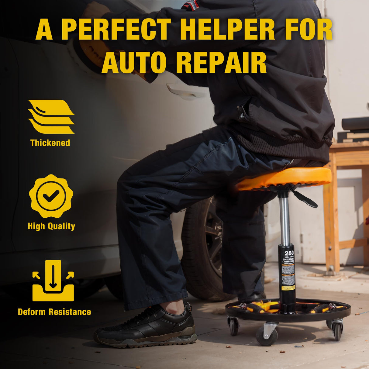 YELLOW JACKET Rolling Mechanic Stool with Wheels Pneumatic Garage Shop Seat Adjustable Height Roller Mechanics Creeper Chair with Tool Tray for Auto Repair YELLOW JACKET