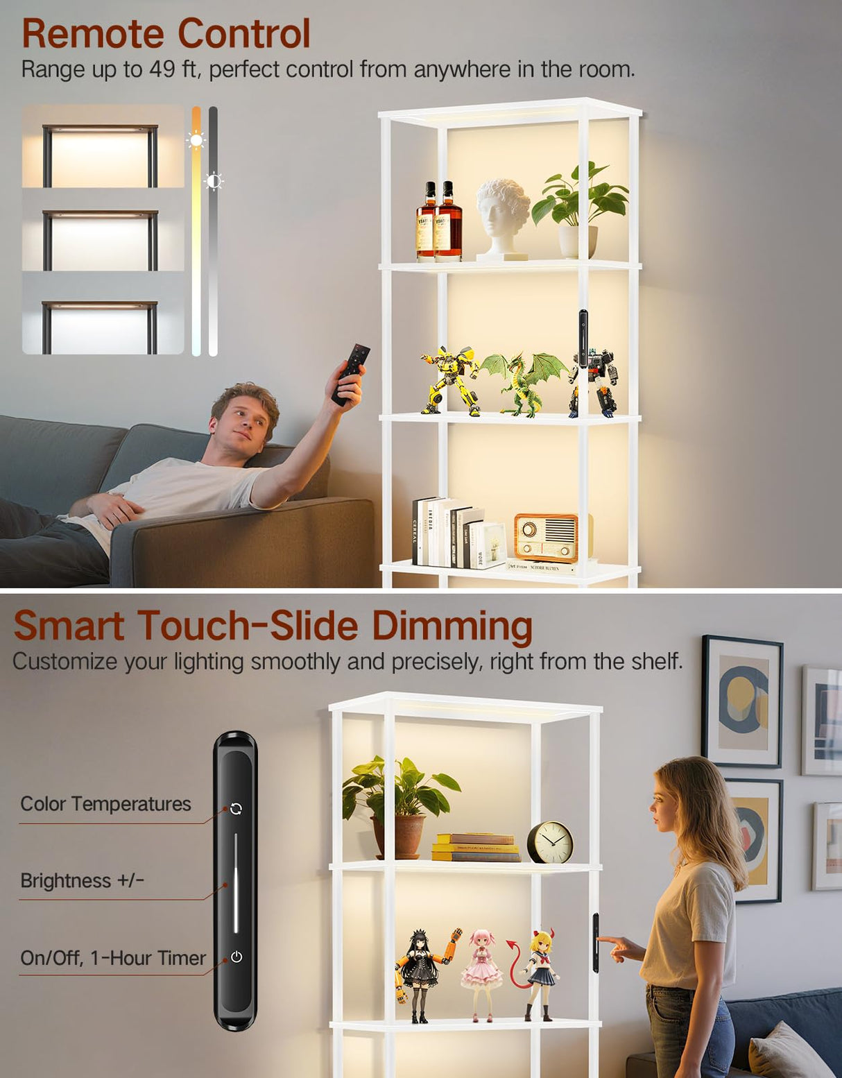 OUTONLIFE 5 Tier Bookshelf with LED Light, Dimmable Bookcase with Touch & Remote Control, 3 Color Temperatures, Tall Modern Display Standing Shelf for Living Room, Bedroom, Home Office (White) OUTONLIFE