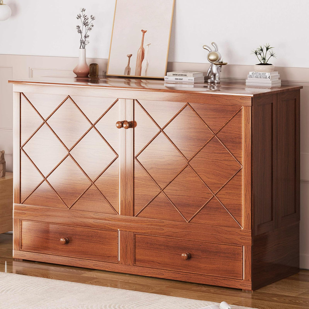 Mjkone Queen Murphy Bed Cabinet with Tri-Folding Mattress, Distressed Wooden 63" W Cabinets Wall Chest Beds with Built-in Charging Station & Storage Drawer for Office Guest Bedroom Living Room, Cherry Mjkone