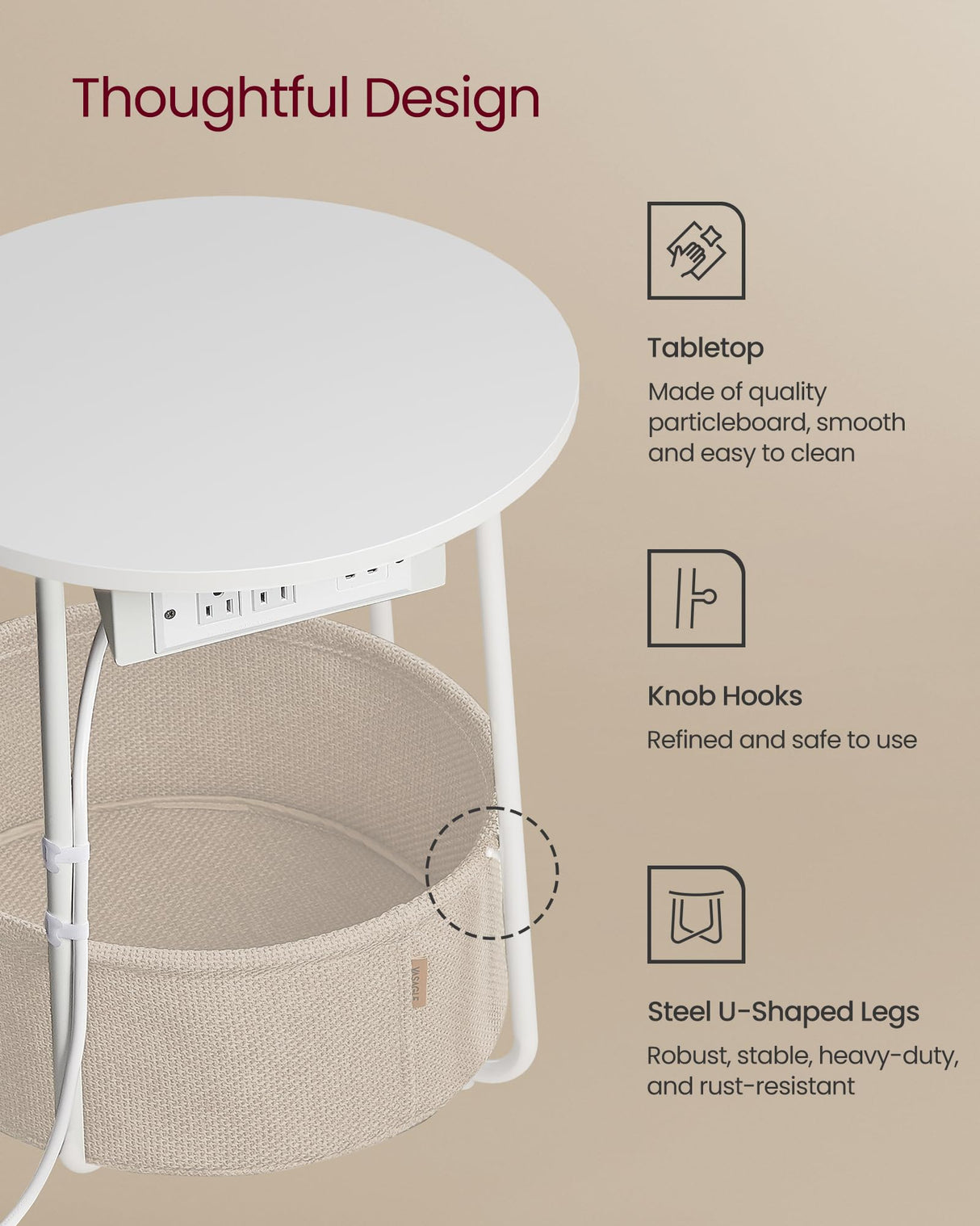 VASAGLE Side Table with Charging Station, Round End Table With Fabric Basket, Nightstand with Power Outlets USB Ports, for Living Room, Bedroom, Modern, Matte White and Camel Brown ULET228W01 VASAGLE