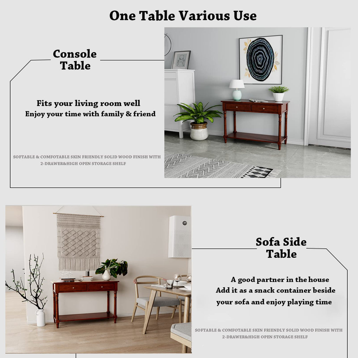 JESONVID Solid Wood Console Table with 2 Drawers, 2-Tier 35.4" X 30" Accent Sofa Table with Multilayer Storage Shelf Rustic Hall Entryway Tables for Living Room Home Office-Brown JESONVID