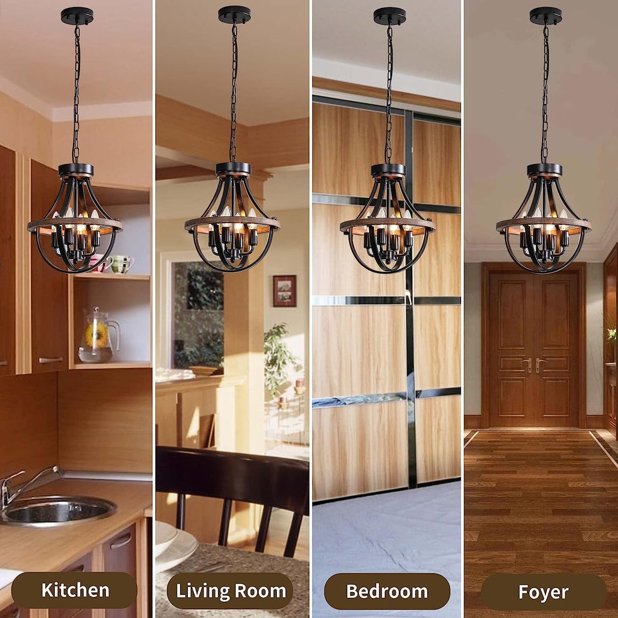 Lanpesting Farmhouse Chandelier, Modern Hanging Pendant Lighting, 4-Light Rustic Ceiling Light Fixture, Vintage Chandelier for Hallway Foyer Dining Room Entryway Kitchen Island Bedroom Lanpesting
