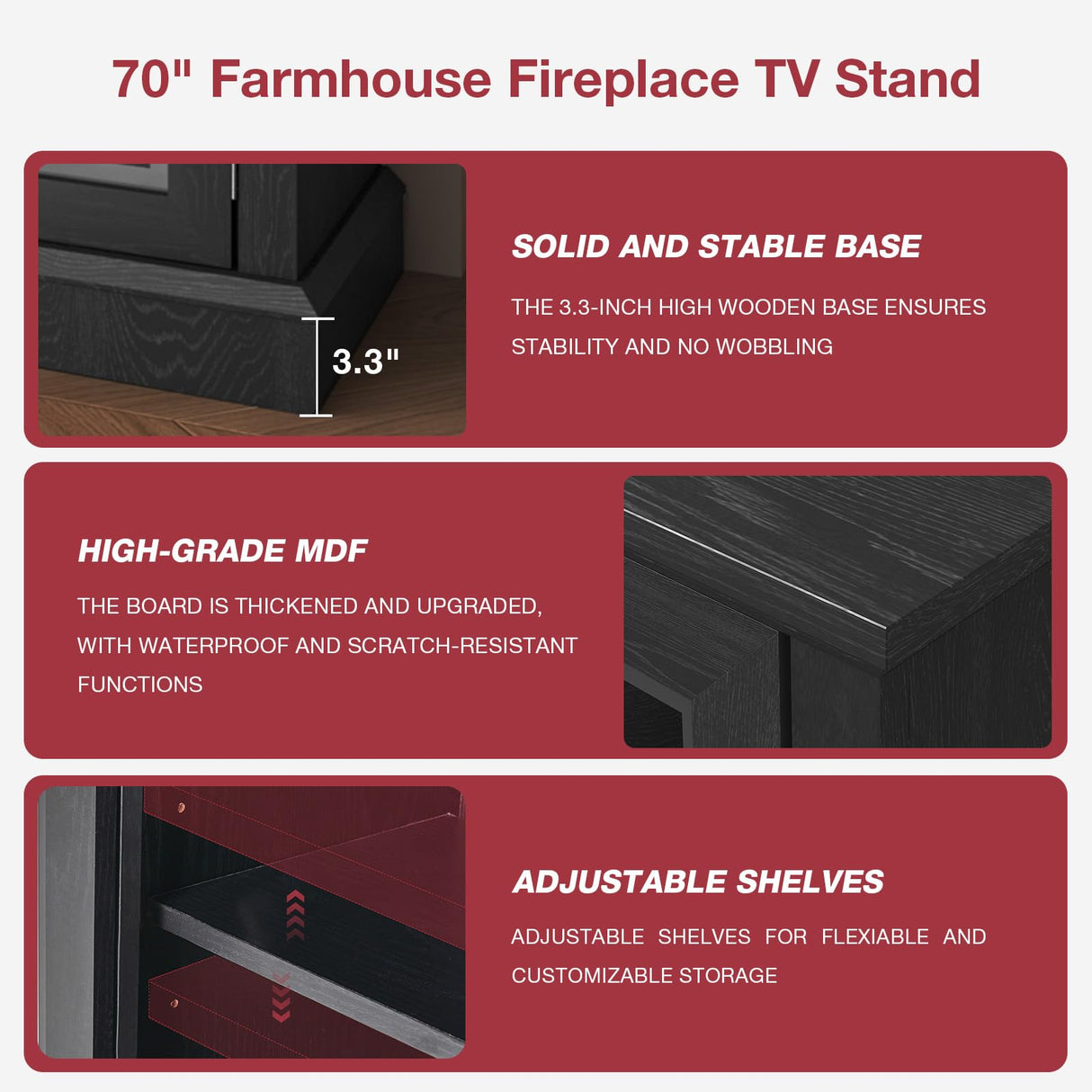 oneinmil 36 Inch 3-Sided Glass Fireplace TV Stand for TVs up to 80", Rustic Media Entertainment Center Console Table with Glass Door Closed Storage, Set of TV Table, Black oneinmil