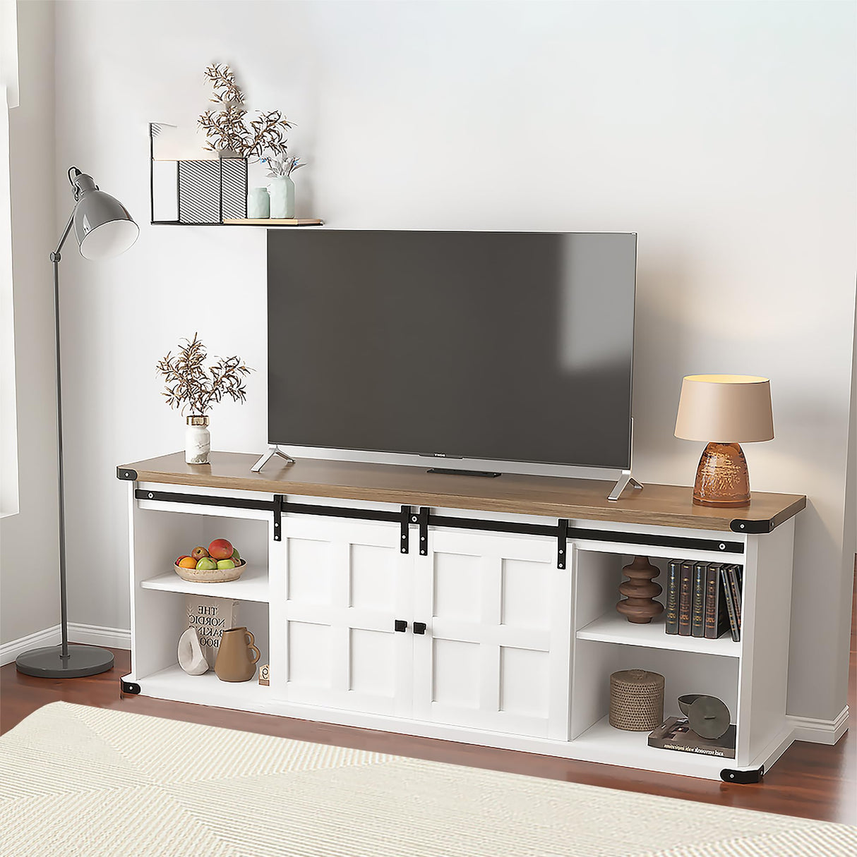 GarveeHome 70 in Farmhouse TV Stand for 75 in TVs, Modern Entertainment Center with Sliding Barn Doors, Modern Media TV Console Table, Wood Long TV Stand for Living Room GarveeHome