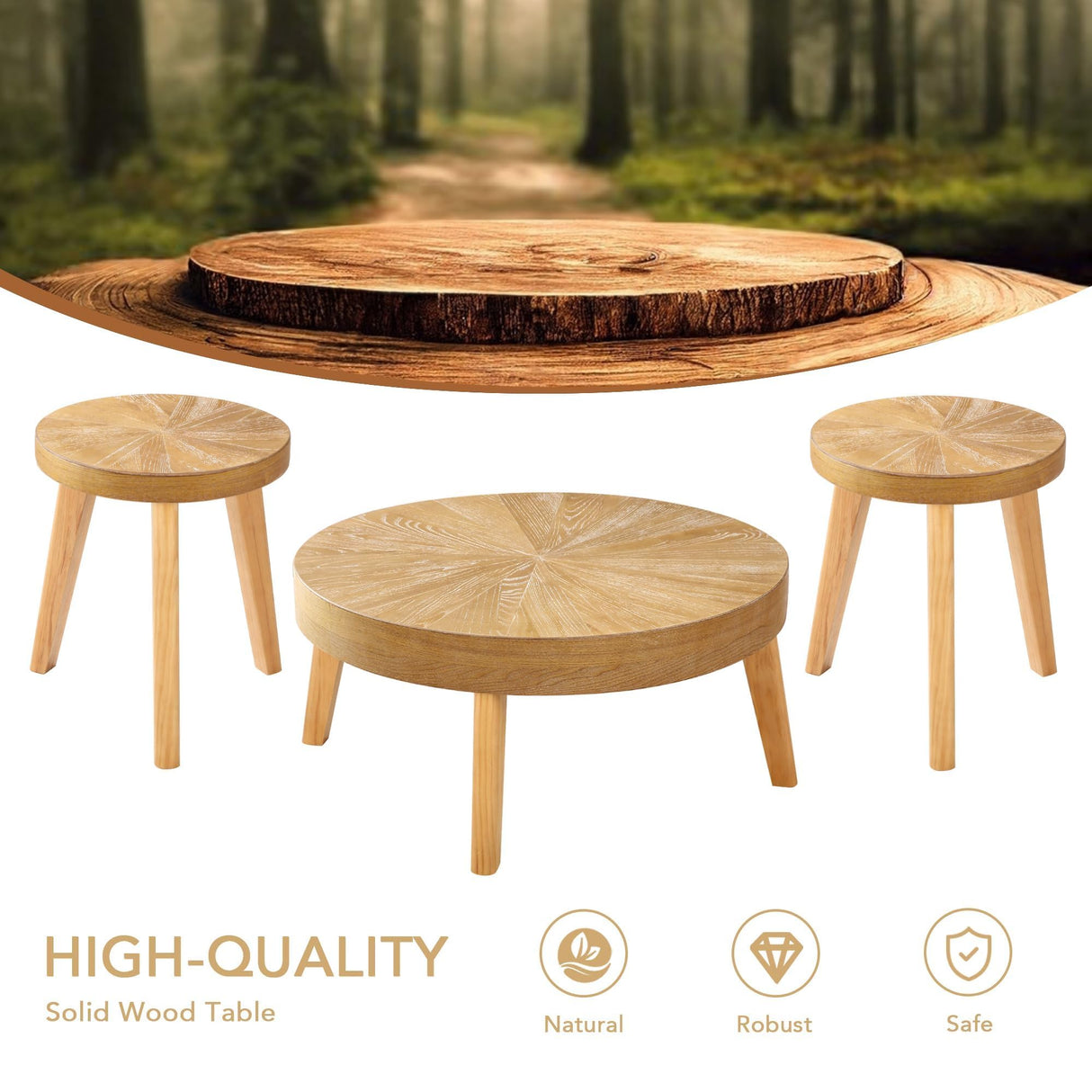 HOKYHOKY Farmhouse Round Coffee Table Set of 3, Boho Sofa Side Nesting Tables End Table Set with Wood Natural Finish for Living Room, Bedroom, Home Office,Natural HOKYHOKY