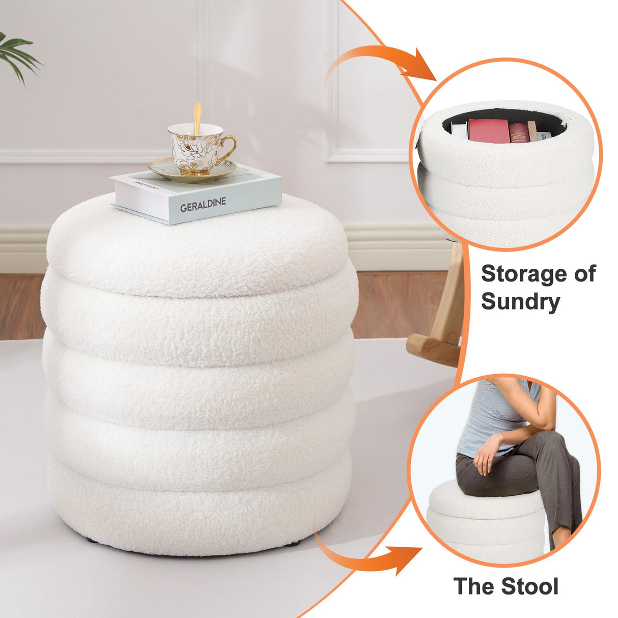Dolift Modern Teddy Sherpa Foot Rest for Couch, Round Ottoman with Storage, Upholstered Foot Stools Ottoman, Vanity Chair for Makeup Room Bedroom Living Room (White) Dolift