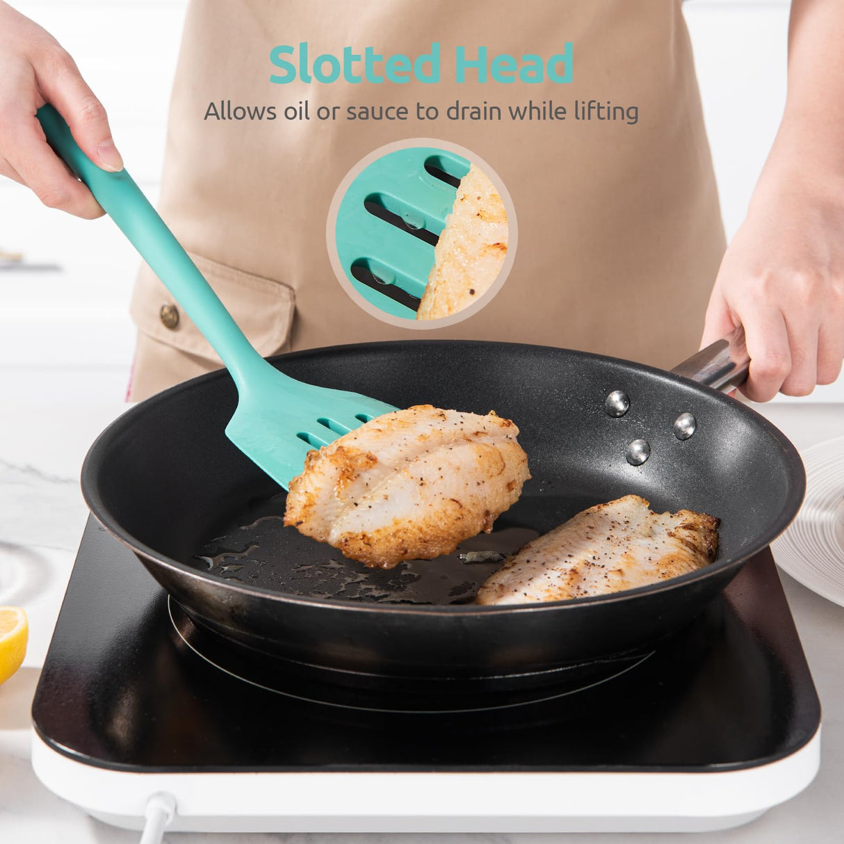 600ºF Heat Resistant Silicone Turners: U-Taste 13.6in Long Solid & Slotted Kitchen Spatula Flipper, Wide and Large Flexible Cooking Utensil for Flipping Egg, Pancake, Cookie (Aqua Sky, 2PCS) U-Taste