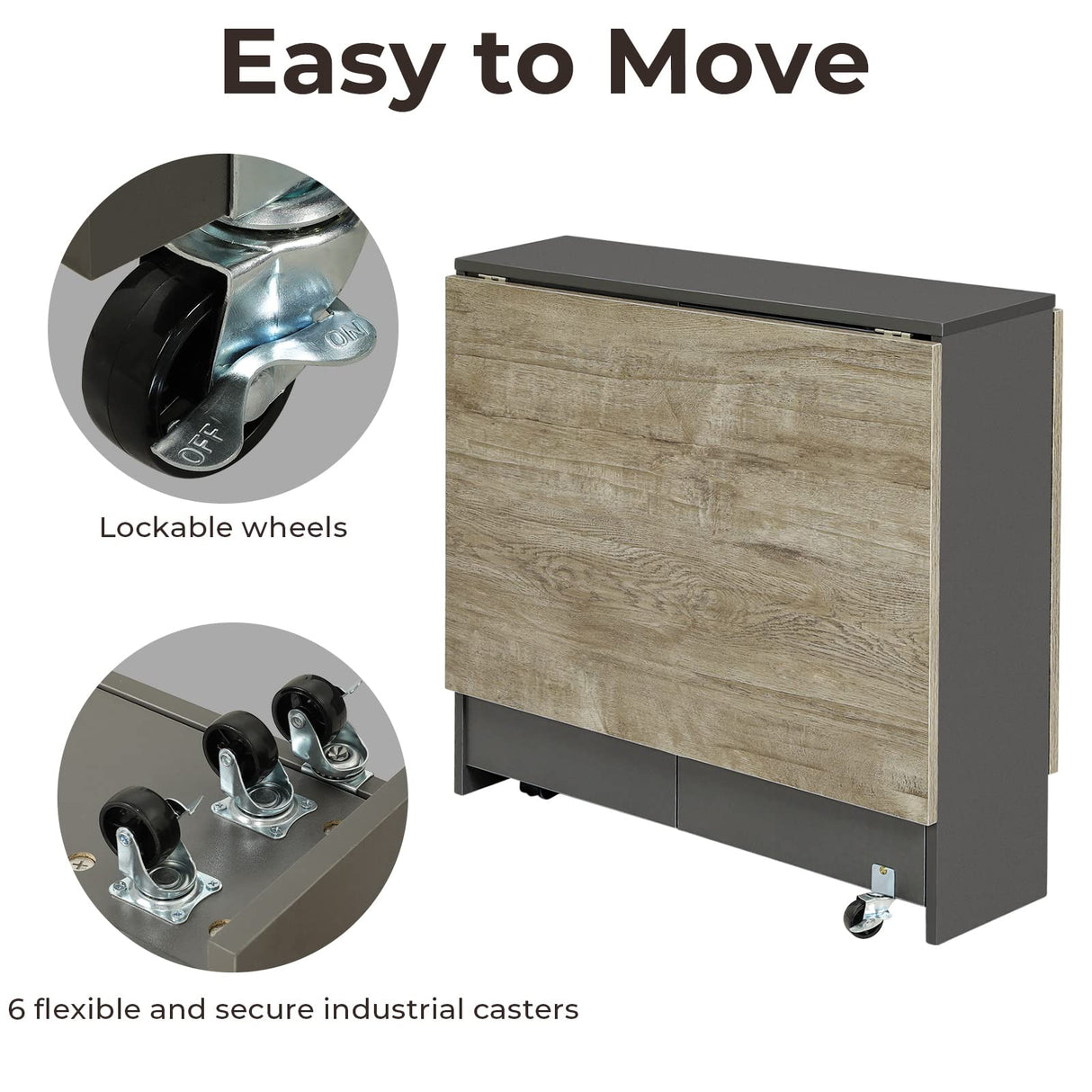 Tiptiper Folding Dining Table with 2 Storage Racks, Drop Leaf, 6 Wheels, Multifunction Expandable Table for Kitchen, Bedroom, Living Room Tiptiper