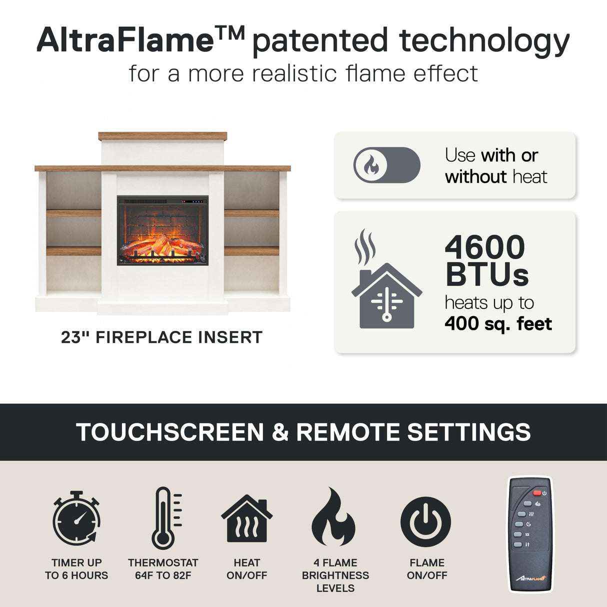 Ameriwood Home Gateswood 64 Inch Electric Fireplace with Mantel, Replaceable Fireplace Insert Heater, Shelves, Remote Control, Timer, Realistic Log and Flame Effect, Plaster Ameriwood Home