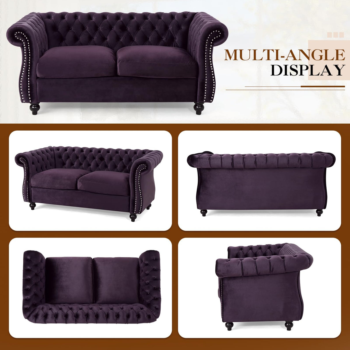 61"W Mid Century Modern Chesterfield Couch,Upholstered Velvet Loveseat Sofa with Button Tufted & Rolled Armrests,Comfy Deep Seat Sofa with Nailhead Trim & Gourd Legs for Living Room,Apartment(Purple) JEEOHEY