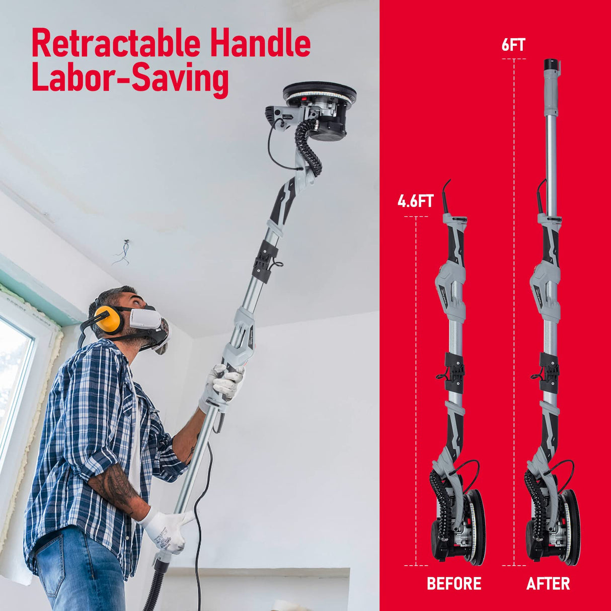 Drywall Sander, 800W Electric Sander with 12 Sanding Discs, Variable Speed 800-1800 RPM Wall Sander with Automatic Dust Removal System, LED Lights, Extendable Handle, Dust Bag & Carrying Bag Garvee