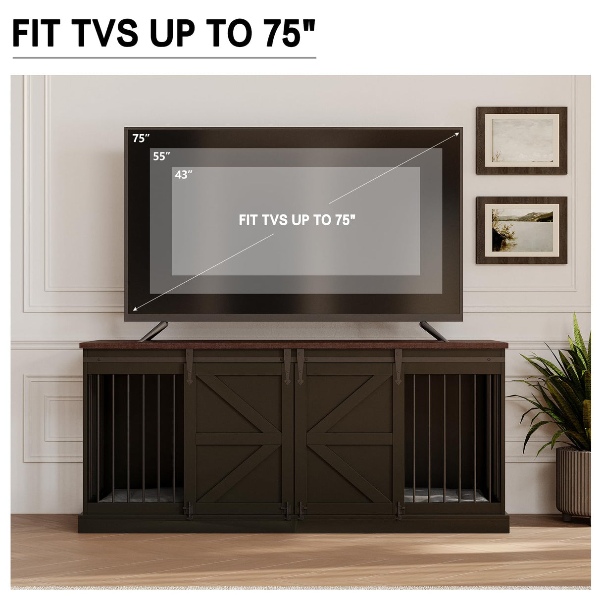 Dog Crate Furniture - Indoor Wooden Dog Kennel with Room Divider and Double Sliding Barn Doors - 71”x23.6”x31.5”H, Black Faceket