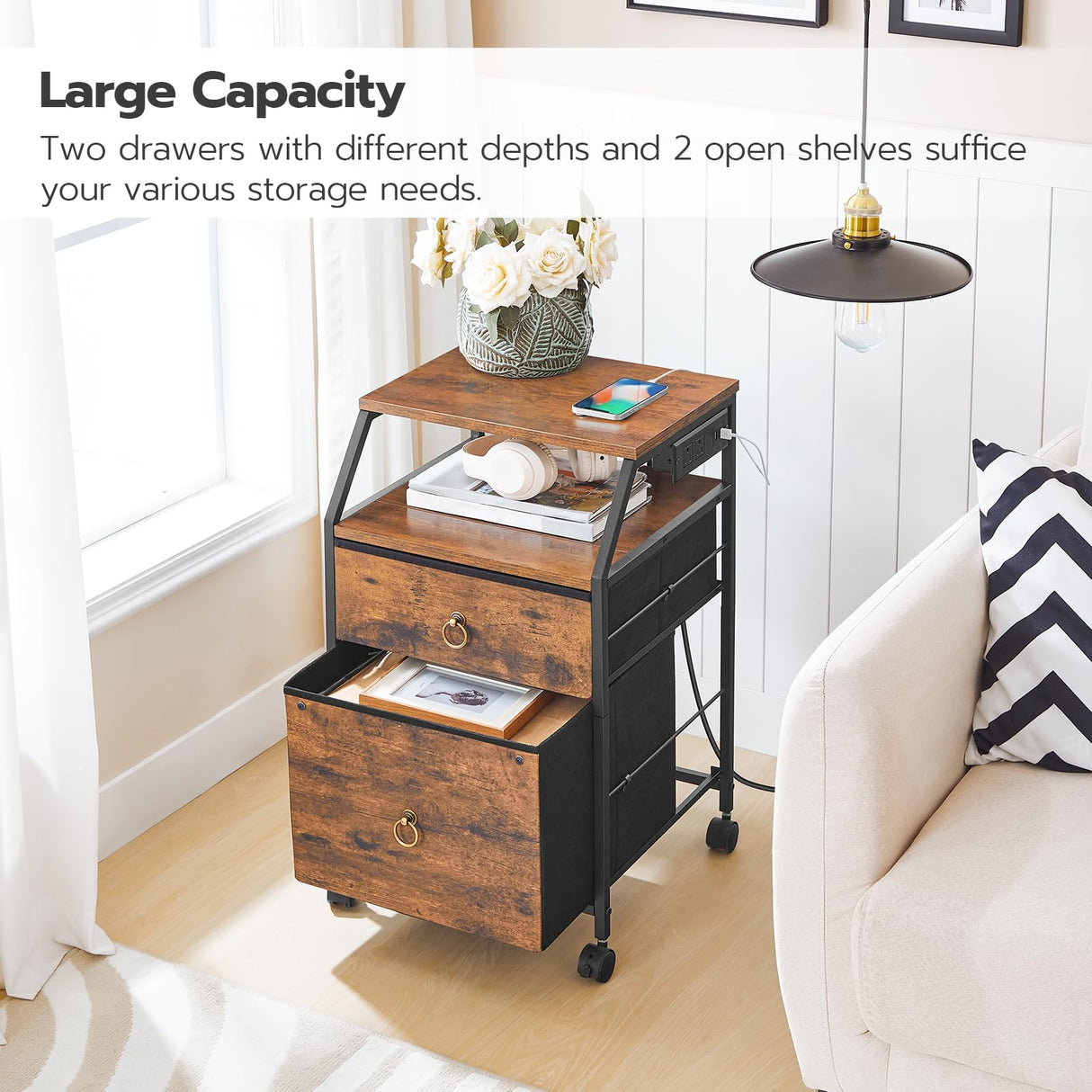 HOOBRO 2-Drawer Mobile File Cabinet, Filing Cabinet with Charging Station, Printer Stand with Open Storage Shelf, for A4/Letter Size, Home Office, Nonwovens Drawer, Rustic Brown and Black BF10UWJ01 HOOBRO