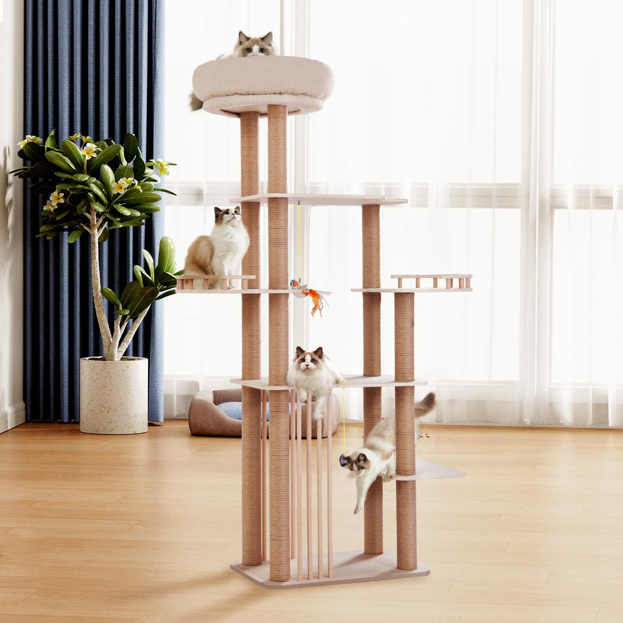 GIMU 68" Large Cat Tree, Solid Wood Multi-Level Cat Tower with Scratching Posts, Fun Toys, and Washable Plush Platform for Indoor Cats GIMU