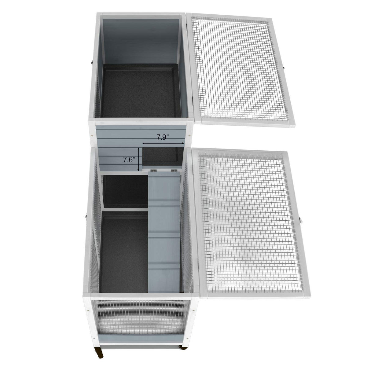 GDLF Two Floors 58" Wooden Indoor Bunny Hutch Rabbit Cage on Wheels Guinea Pig PET House for Small to Medium Animals Waterproof No Leak Tray GDLF