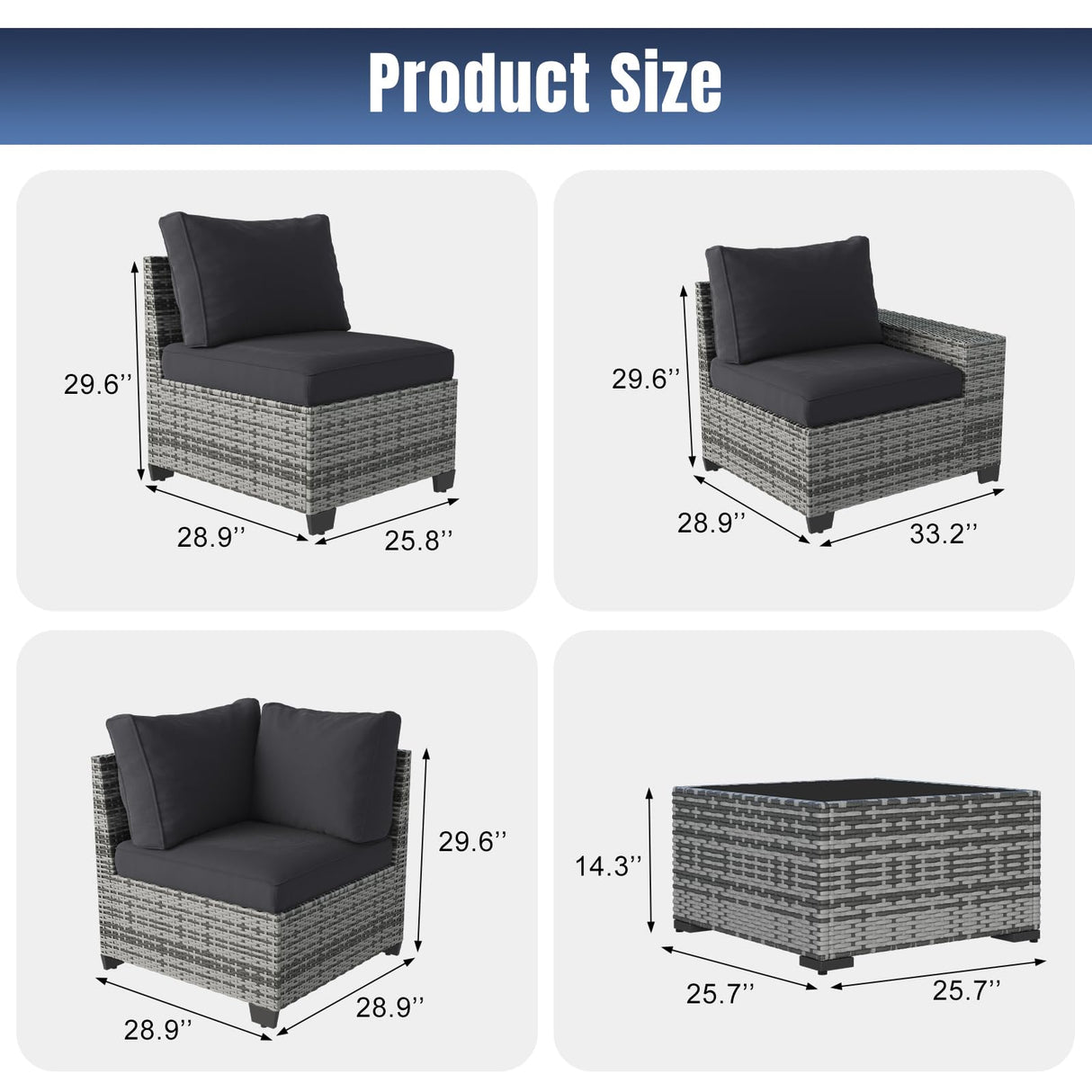 Aoxun 6 Pieces Patio Furniture Set Wicker Rattan Outdoor Sectional Conversation Set with Coffee Table and 4” Thickened Cushions, Gray Black (Waterproof Cover Included) Aoxun