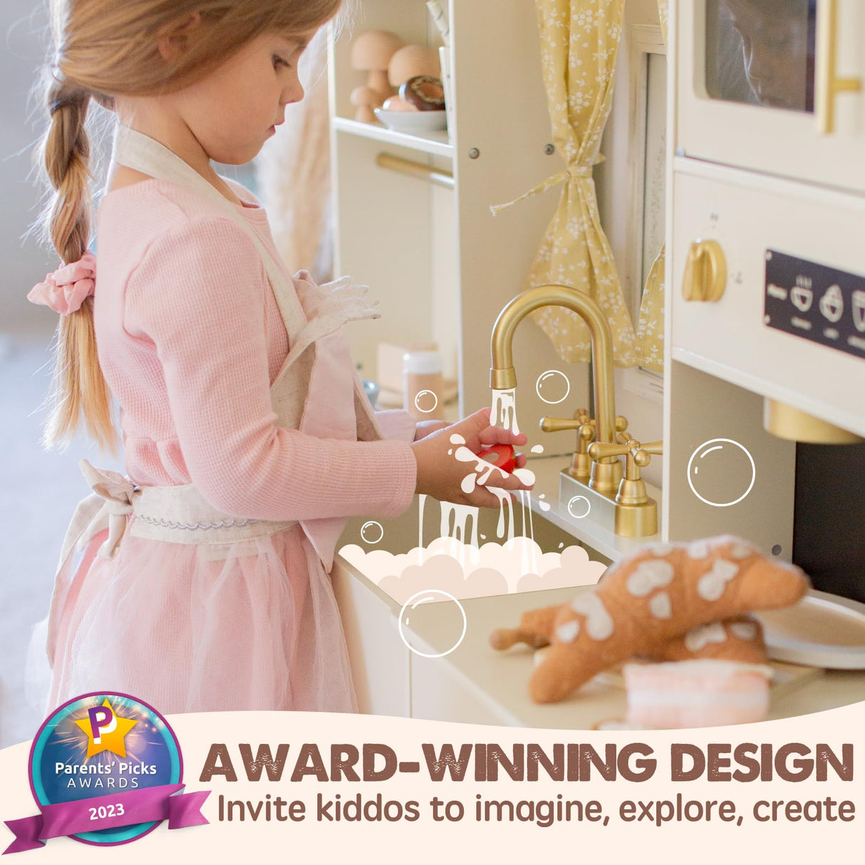 Tiny Land Play Kitchen for Kids, Toy Kitchen Set with Plenty of Play Features, New Modern Kids Wooden Play Kitchen Designed in Trendy Home Style with Curtains, Gift for Ages 3+ Tiny Land