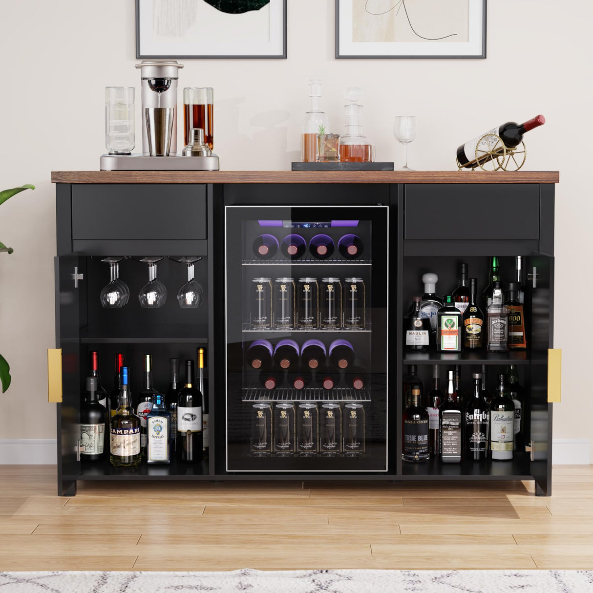 GDLF Large Coffee Bar Cabinet with Fridge Space, Mini Fridge Cabinet with Wine Storage, Buffet Sideboard Table for Home, Fluted Modern Design,53.2" L GDLF