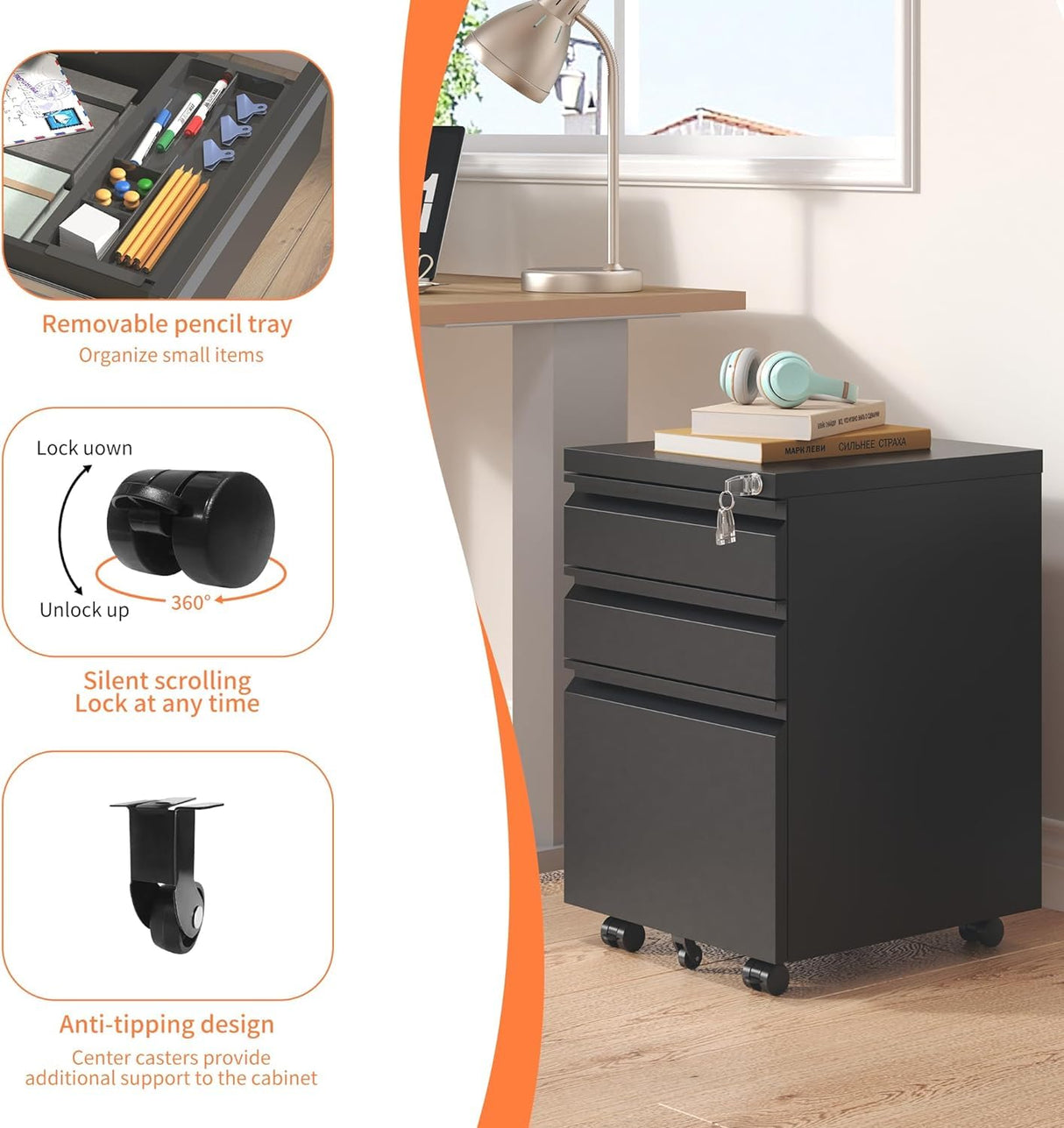 Guizeeopo Filing Cabinets for Home Office, Mobile File Cabinet with Lock, 3 Drawer Filing Cabinet for A4/Letter/Legal Size Folder, Fully Assembled Except Casters, Matte Black Guizeeopo