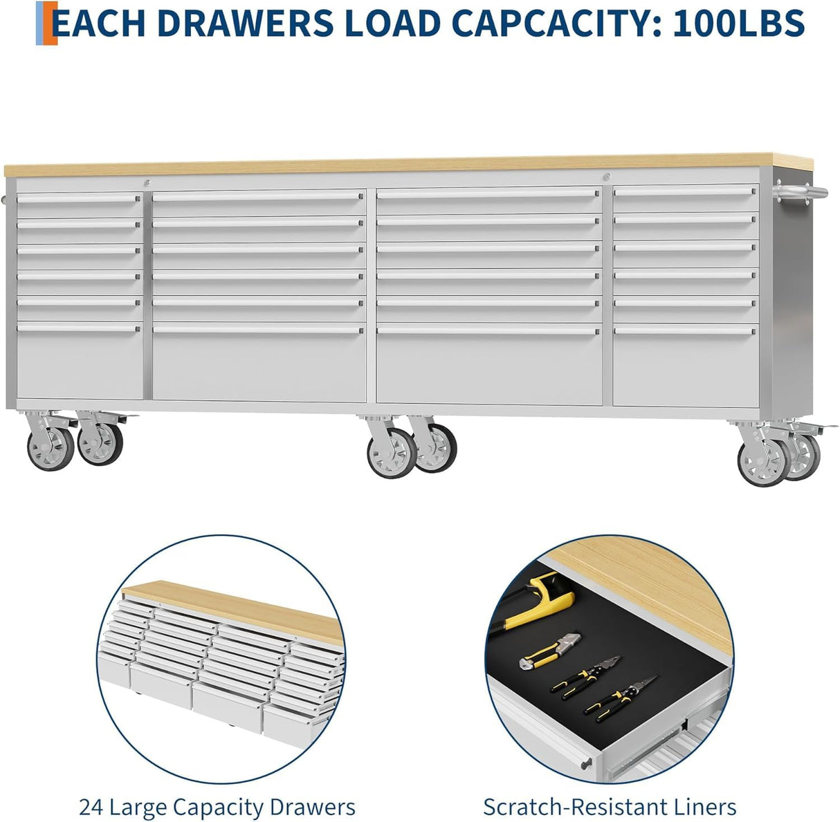Rolling Tool Chest with Power Strip & Rubber Wood Top - 96 Inch Garage Workbench, Drawer Storage Cabinet Tool Box, Mobile Workstation SLEKVERSA