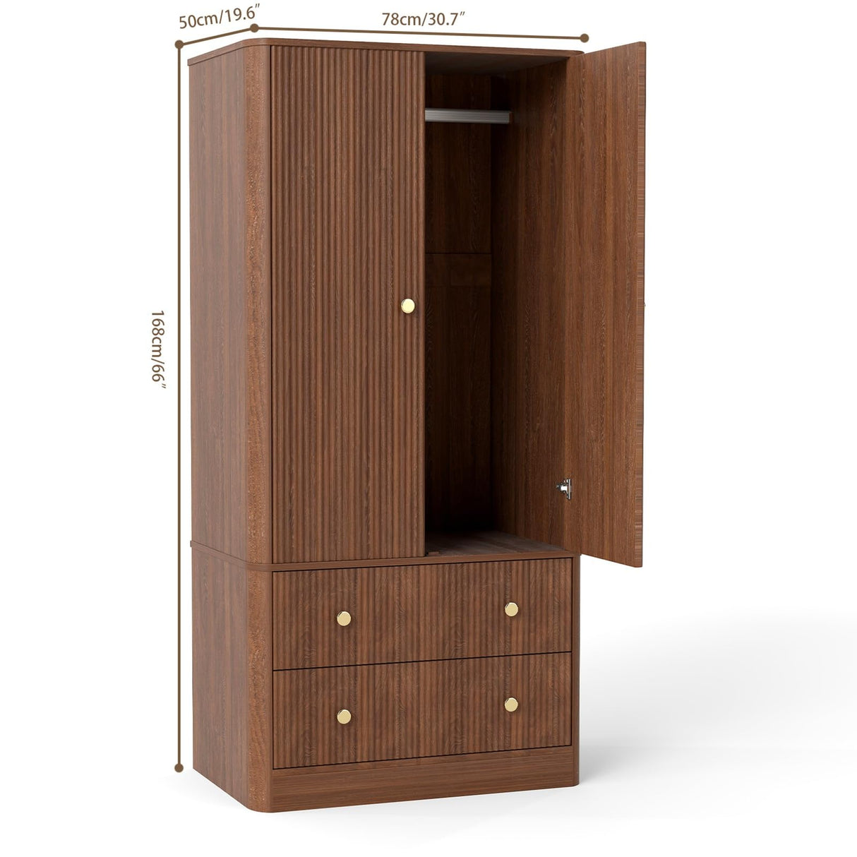 AraSyleon Wooden Wardrobe, Bedroom Armoire Closet with Drawers and Hanging Rod, Modern Fluted Gold Metal Handles, Large-Capacity Clothing Storage Cabinet, 66 inches Tall, Walnut AraSyleon