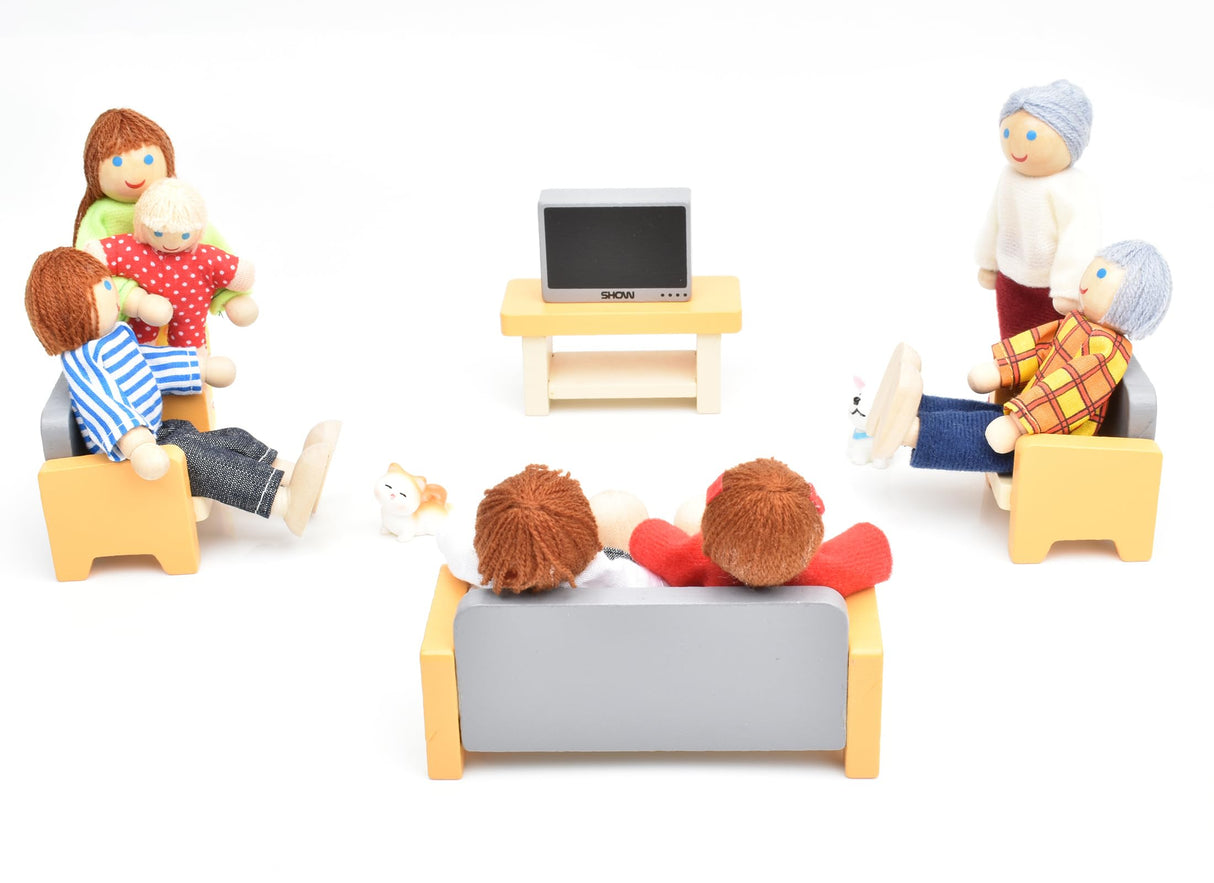 Jzszera Wooden Doll House People of 7 Miniature Figures and 2 Pets, Dollhouse Dolls Family Set Accessories for Girls Toddler Kids Pretend Play and Imaginative Fun Jzszera