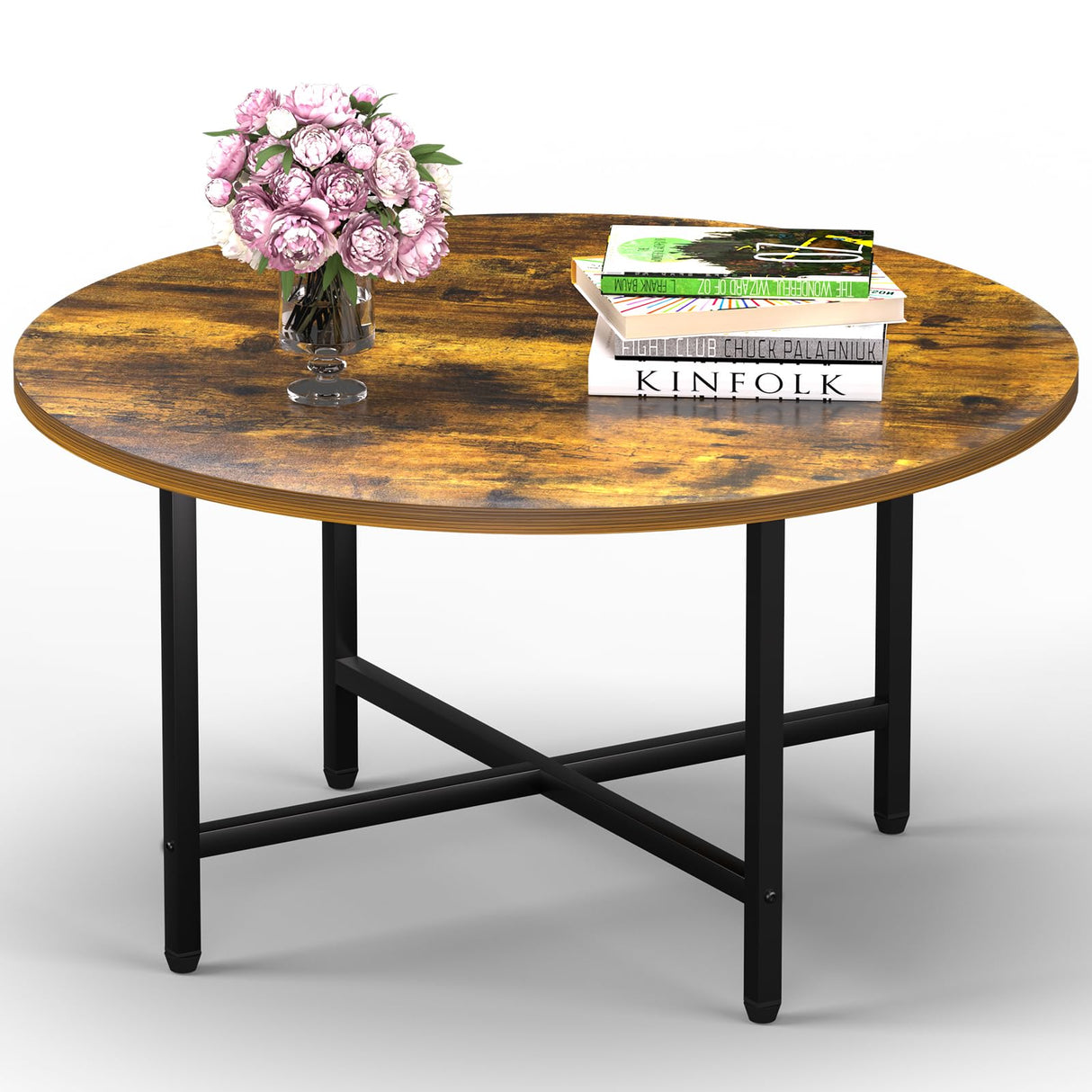 FAMIDGE Round Coffee Table, Small Coffee Tables for Living Room, Circle Coffee Table with Metal Frame, Floor Table Desk for Sitting on The Floor, Home, Office, Rustic Brown (23.6" D x 14.2" H) FAMIDGE