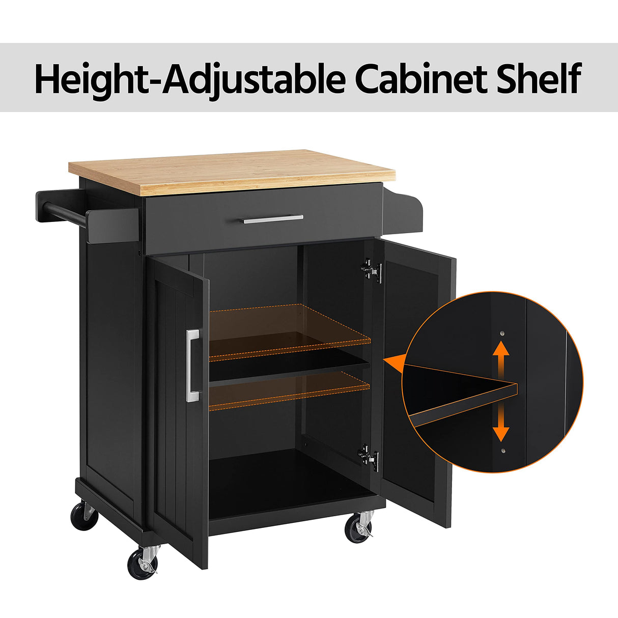 Yaheetech Kitchen Island on Wheels with Storage Cabinet, Rolling Kitchen Cart with Bamboo Top & Drawer & Spice Rack Towel Bar, Microwave Stand Cart for Kitchen/Dining Room, Black Yaheetech