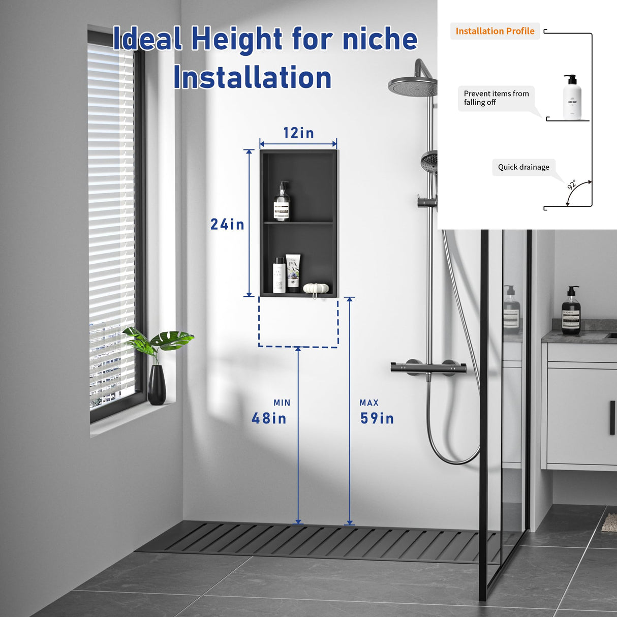 Bernkot Stainless Steel Shower Niche 24" X 12" Matte Black No Tile Needed Niche Shower with Double Shelves Recessed Wall Niches for Bathroom Space Saving Over Mount Installation Bernkot