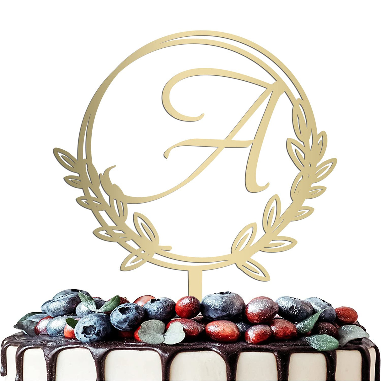 Vinisong Personalized Initial Letter A Golden Cake Topper Wooden Cake Decoration Wreath Cake Topper Perfect for Birthday Rustic Wedding Anniversary Keepsake Party Decoration Vinisong