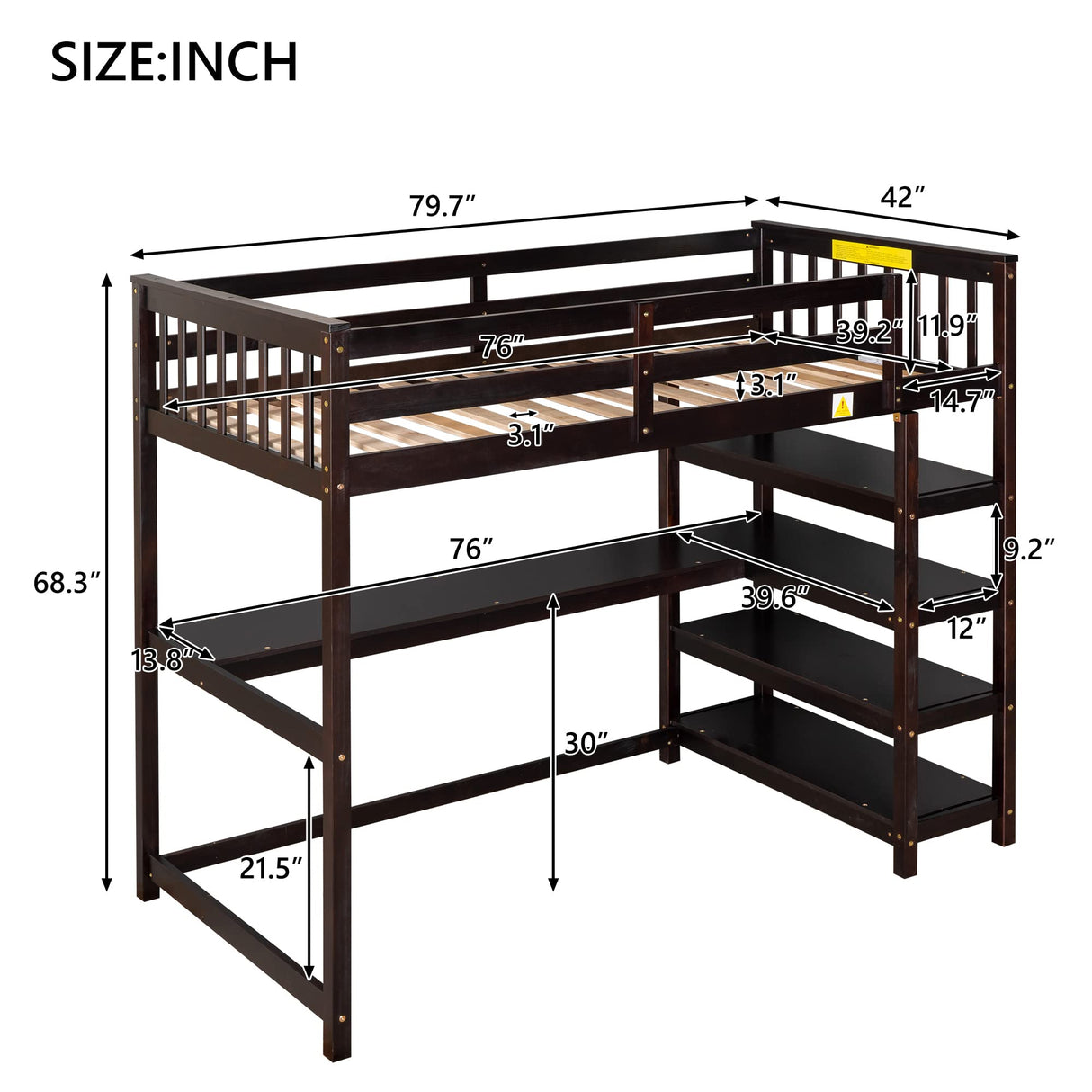 Twin Size Loft Bed with Desk & 4-Storage Shelves, Wood Loft Bed Frame with Safety Guard Rail and Under-Bed Desk, Noise Free, No Box Spring Needed, Espresso Bellemave