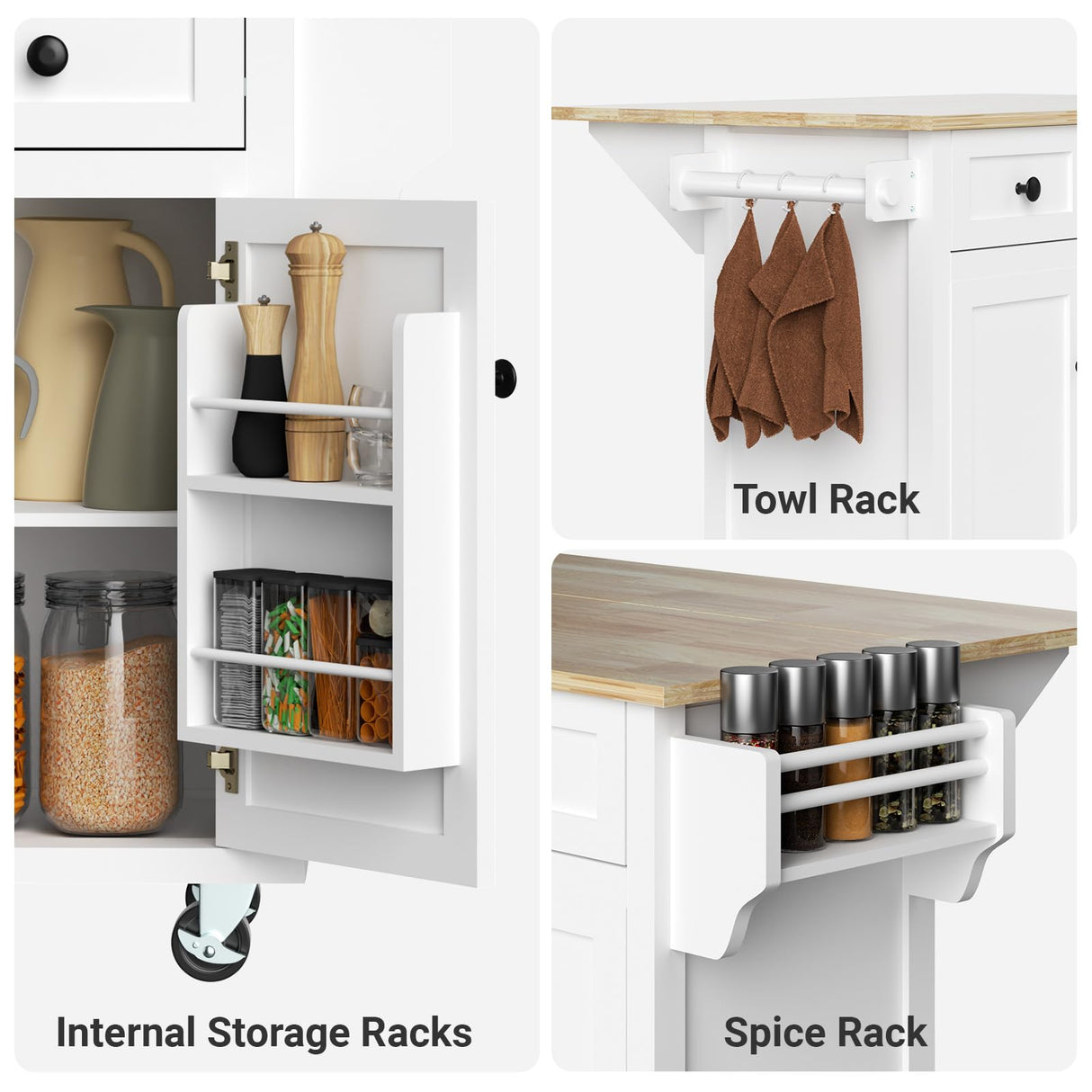 Rovibek Kitchen Island with Drawers 53 in Rolling Island Cart Mobile Solid Wood Portable Islands on Wheels with Storage Cabinet & Drawers, White Rovibek