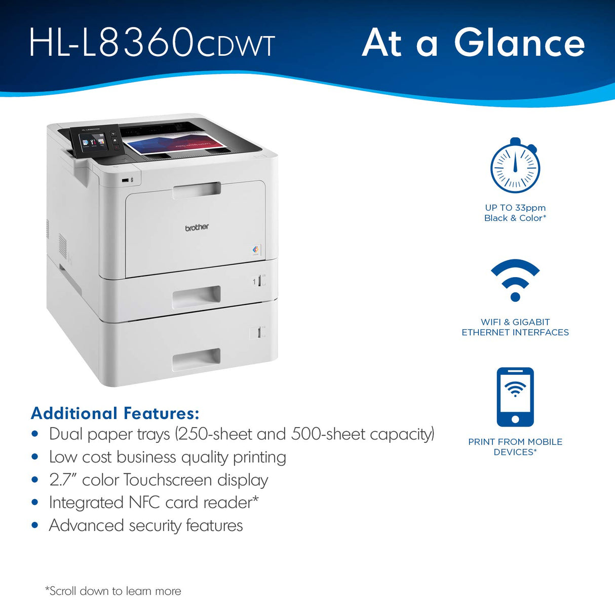 Brother Printer HLL8360CDWT Business Color Laser Printer with Duplex Printing, Wireless Networking and Dual Trays, White Brother