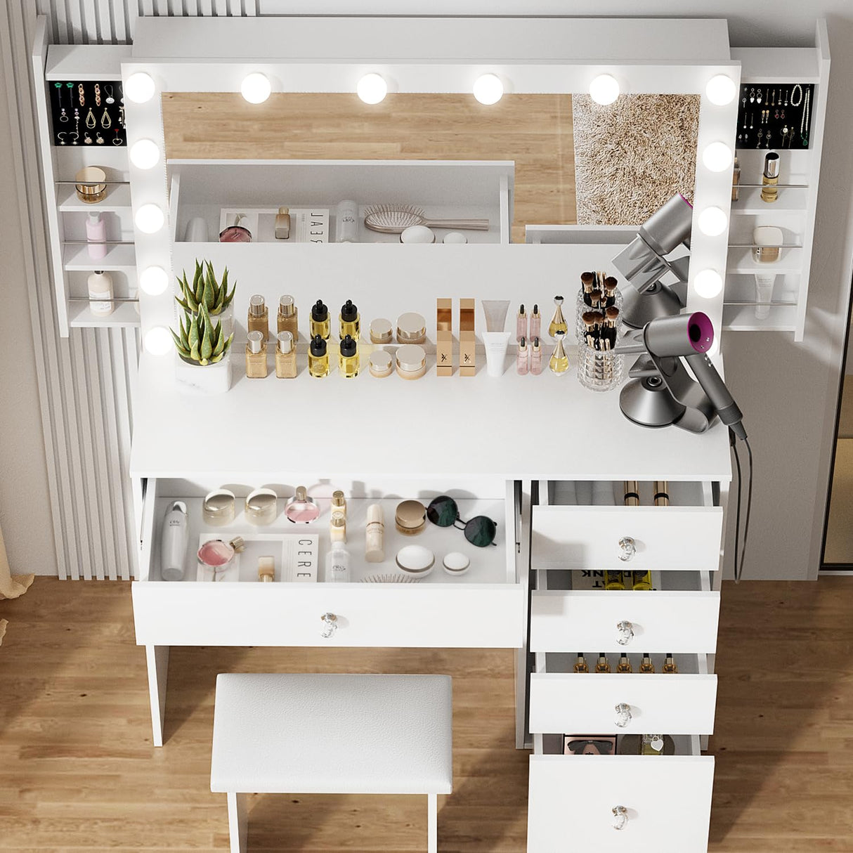 VOWNER White Makeup Vanity Desk with Lighted Mirror & Power Outlet, 3 Color Modes, Vanity Table with Drawer,Sliding Shelves for Bedroom VOWNER