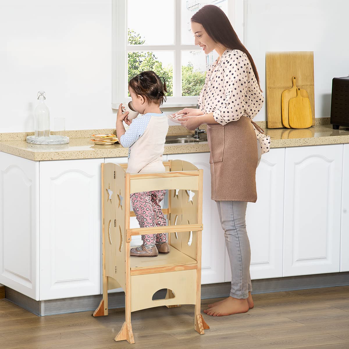 Qaba Wooden Kitchen Step Stool for Kids, Foldable Toddler Tower, Helper Stool for Kitchen Counter with Support Handles Safety Rail, Natural Wood Qaba