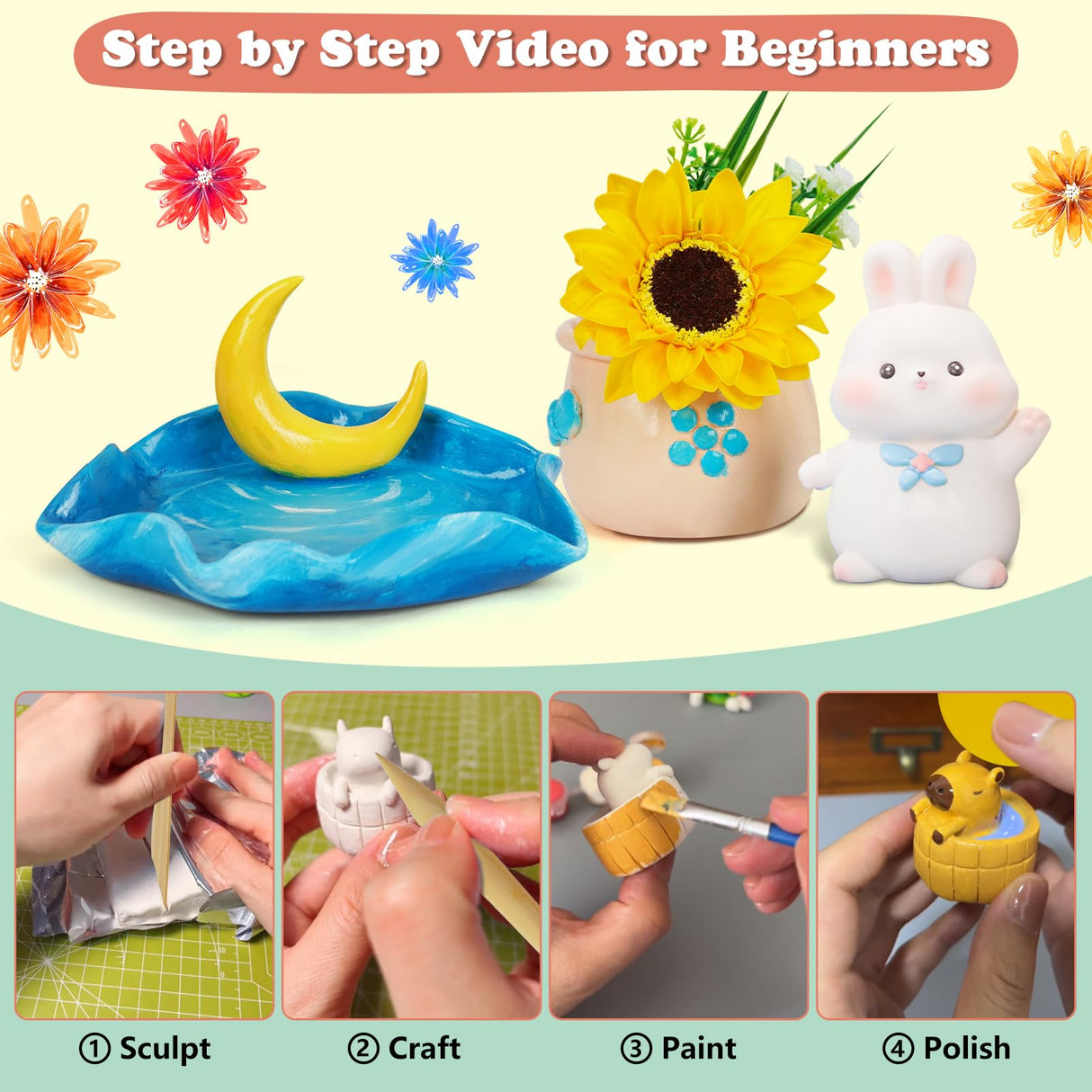 UHAPEER Air Dry Clay Kit for Adults, Pottery Set for Beginners with Clay, Sculpting Tools, Varnish, Pottery Paint, Step-by-Step Guide & Video, Gift for Arts Crafts Lover UHAPEER